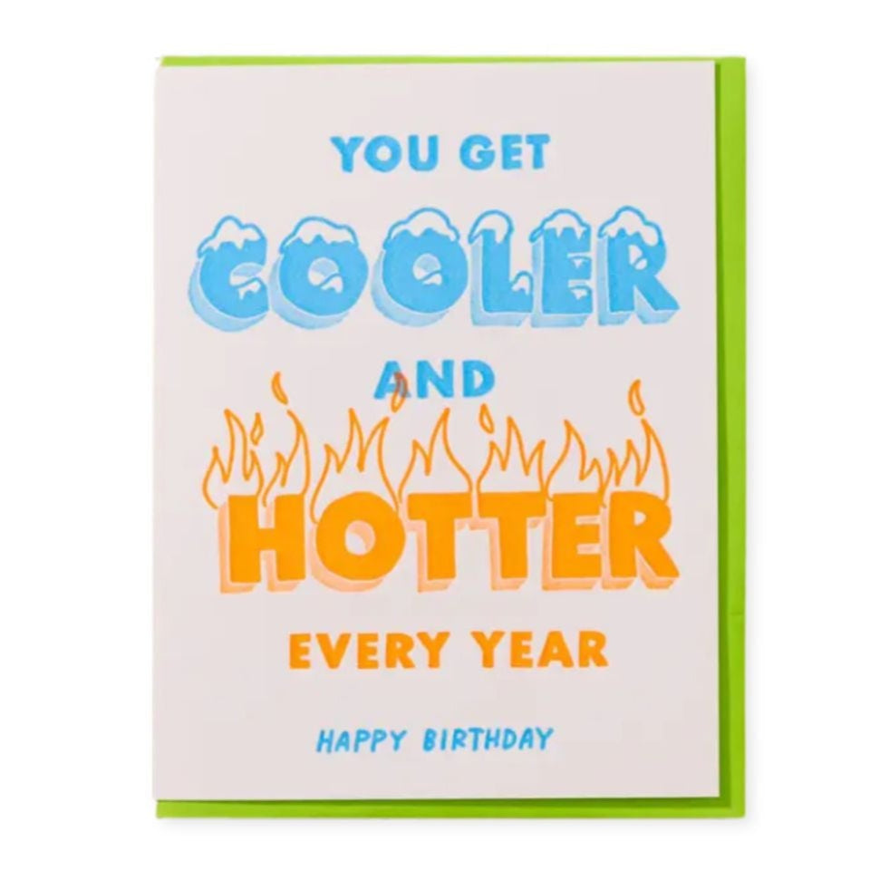 Birthday card with text 'You get cooler and hotter every year' on a white background