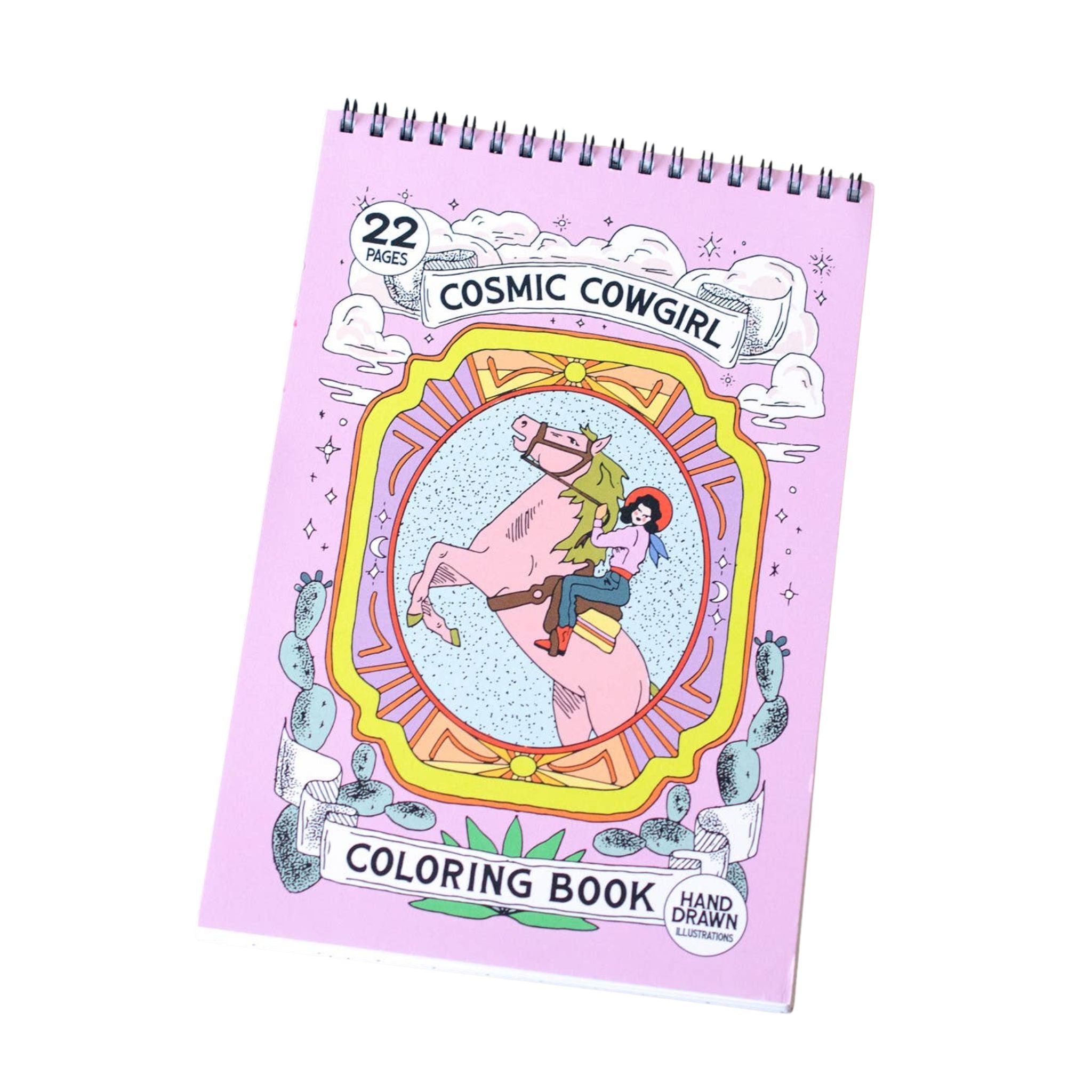 A spiral-bound coloring book titled 'Cosmic Cowgirl' with a pink cover, featuring an illustration of a cowgirl riding a pink horse in a retro circular frame. The cover also includes text reading '22 Pages' and 'Coloring Book' on a clean white background.