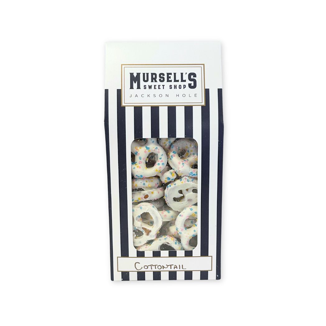 A box of Mursell's Sweet Shop Cottontail yogurt covered confetti pretzels.