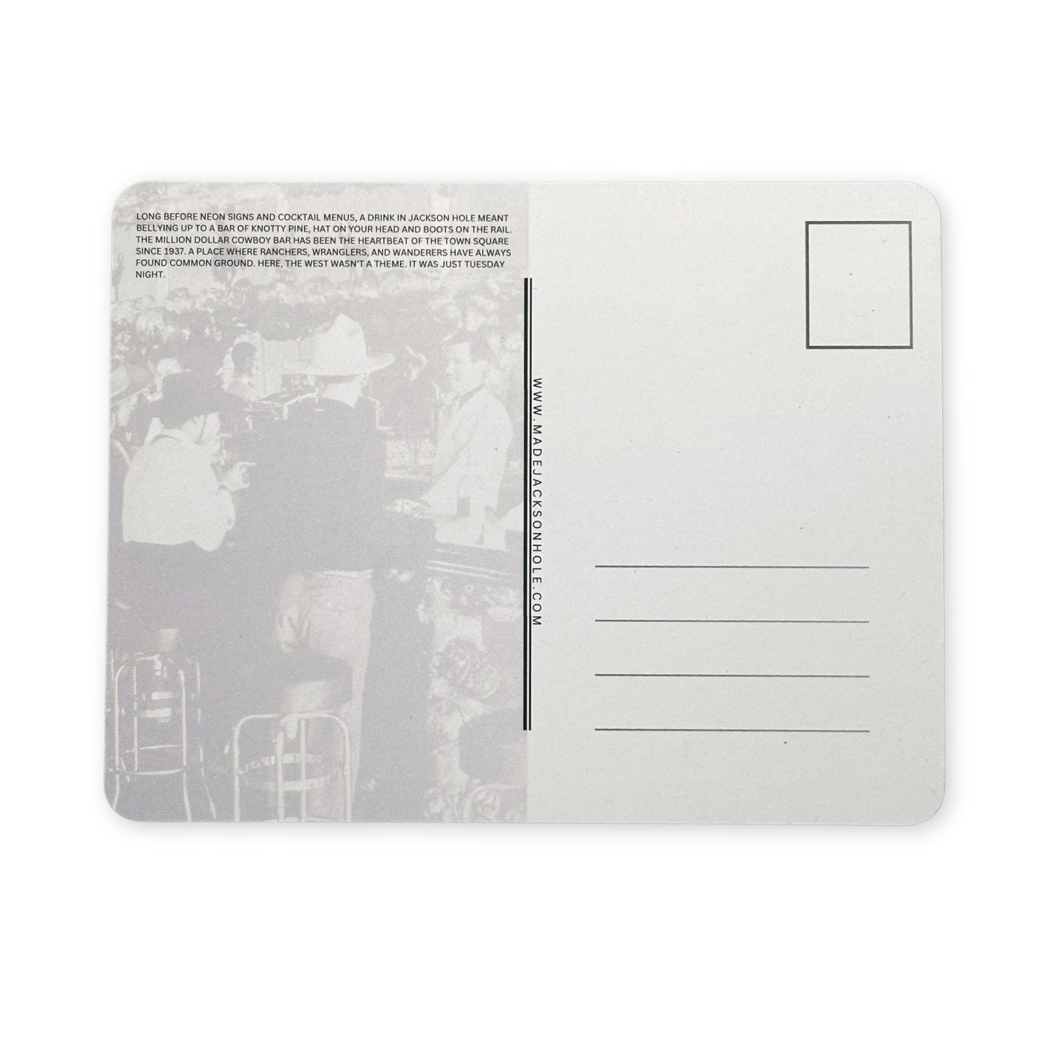 Back of a postcard with black and white image and text on a white background