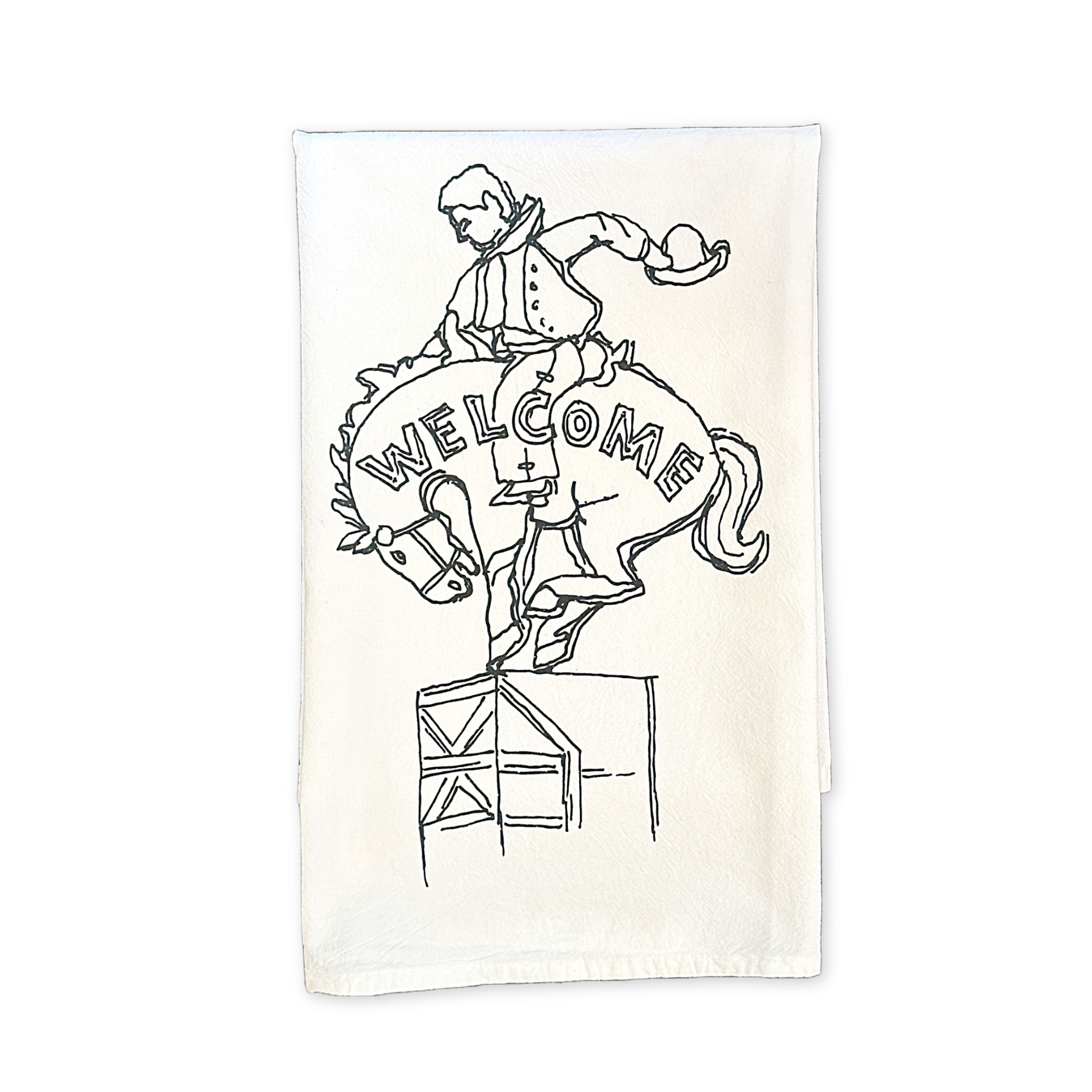 flour sack cotton tea towel featuring a screen print of the cowboy bar sign