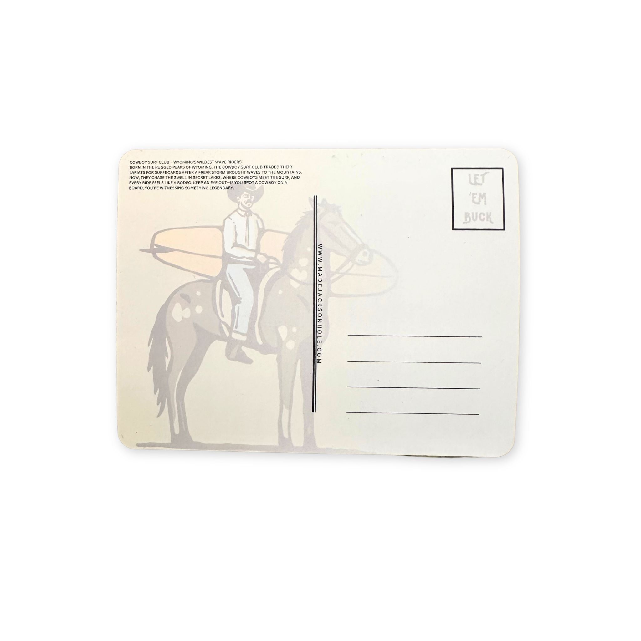 Back of a postcard, showing a faded image of a Cowboy on a horse, with a surfboard. 