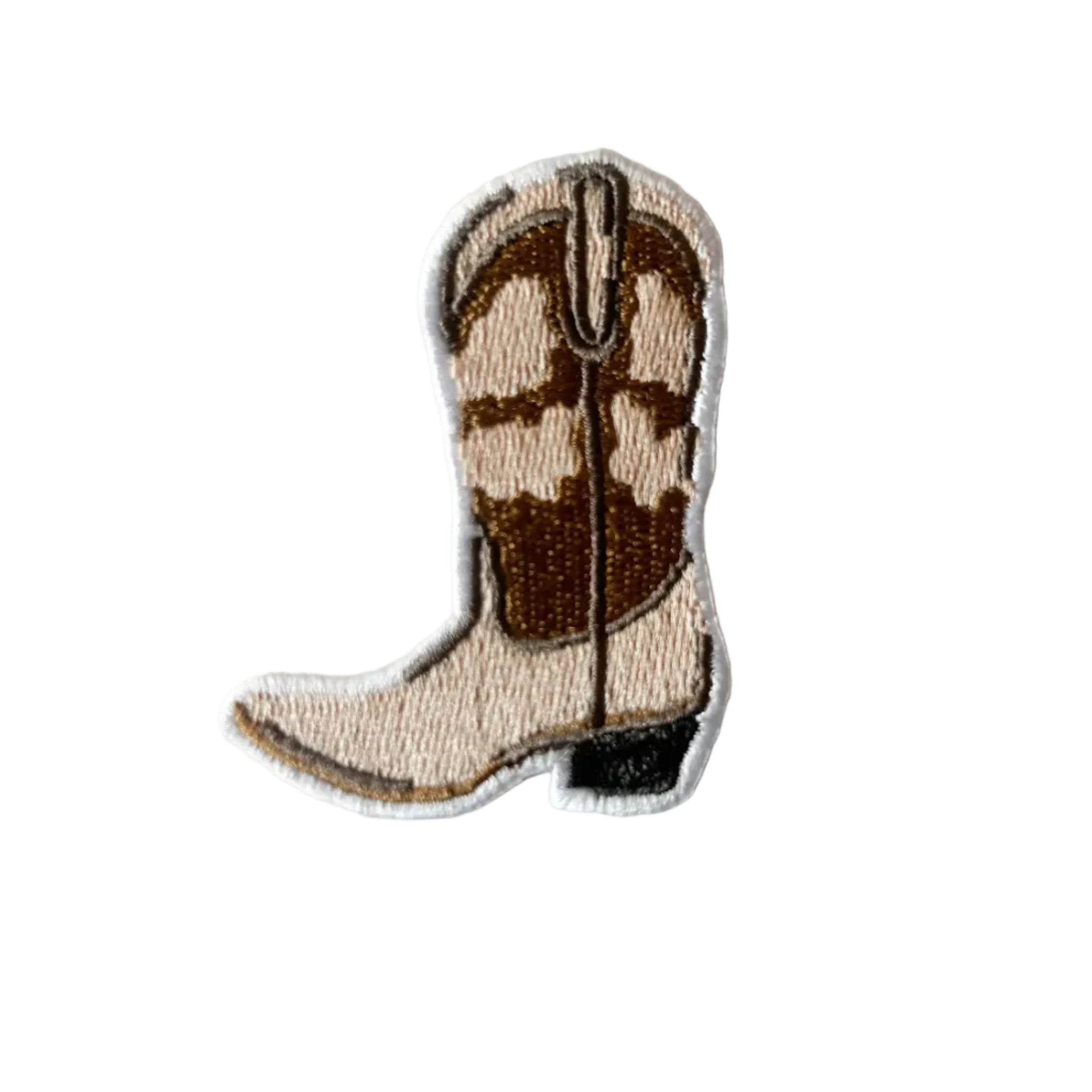 Embroidered iron on patch of a brown and tan cowgirl boot. 