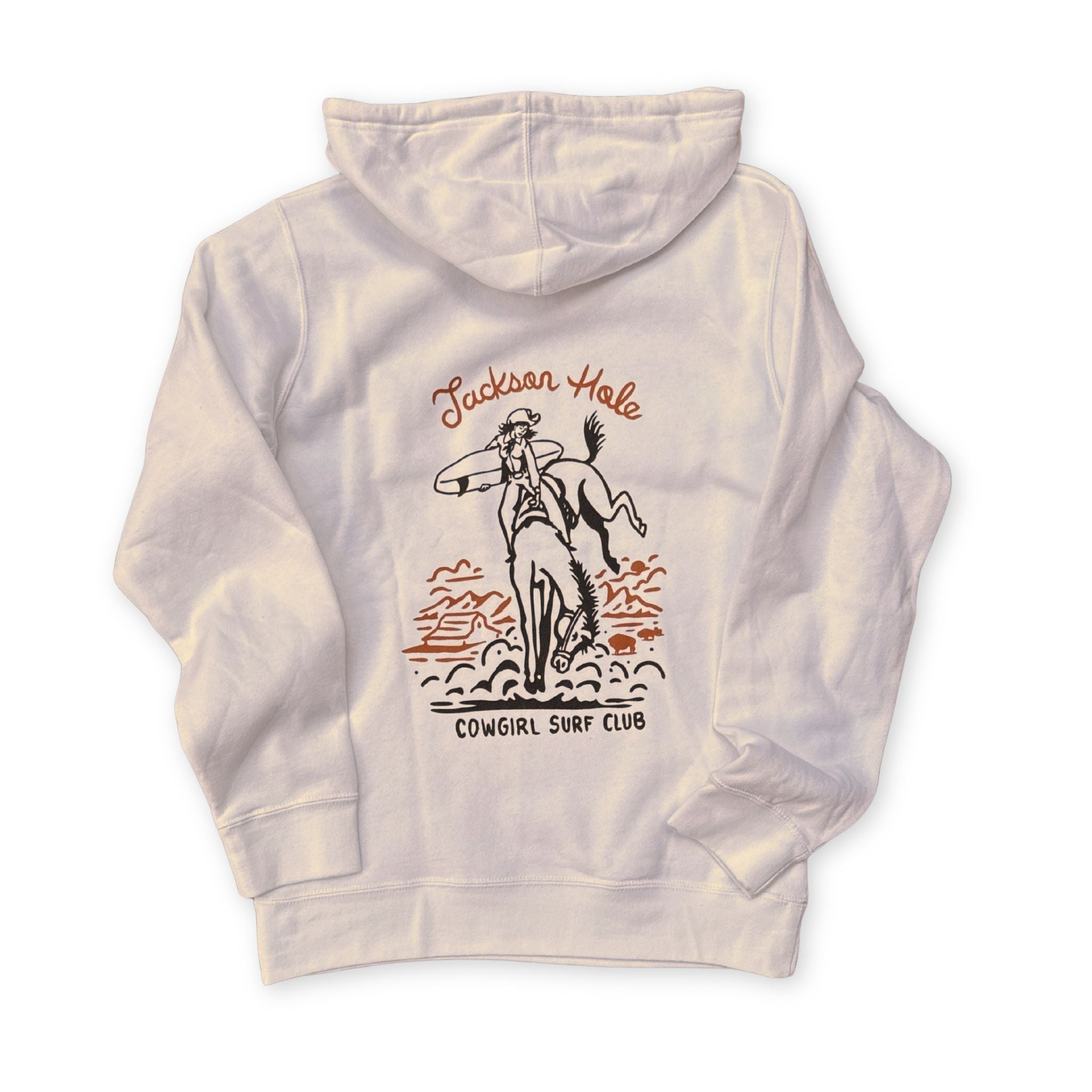 Light gray hoodie with a graphic design on the back featuring a cowgirl and text, on a white background.