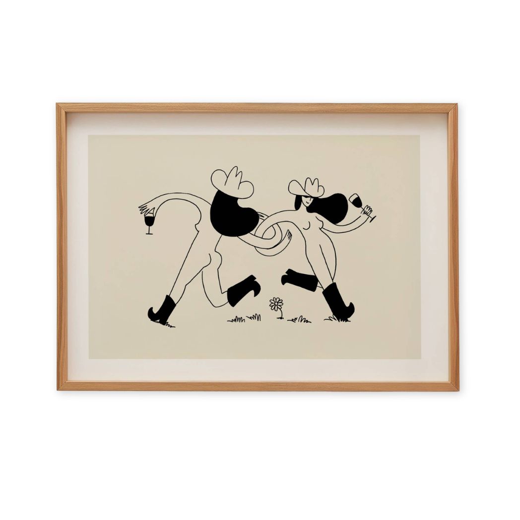 Framed artwork of two stylized figures in a dance pose on a beige background.