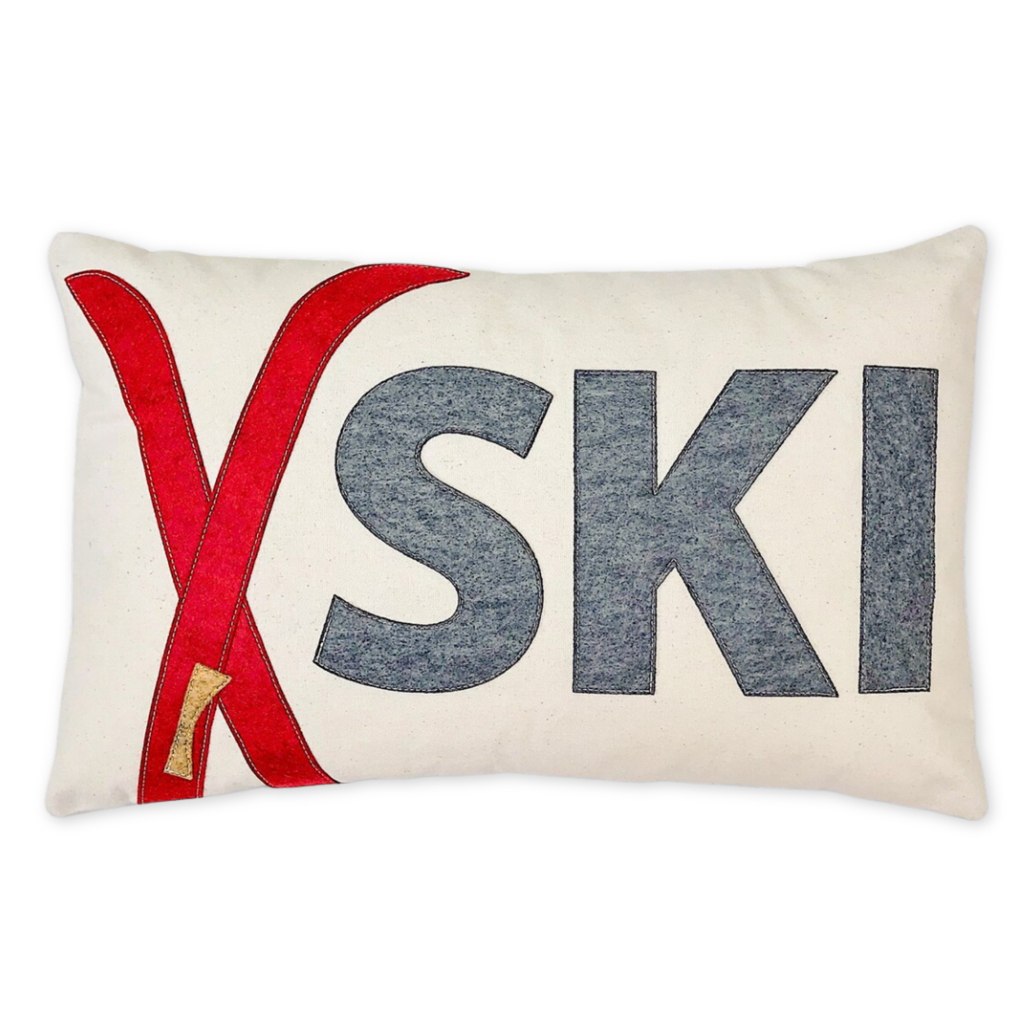 cotton canvas rectangle shaped throw pillow featuring a pair of cross skis and the word ski