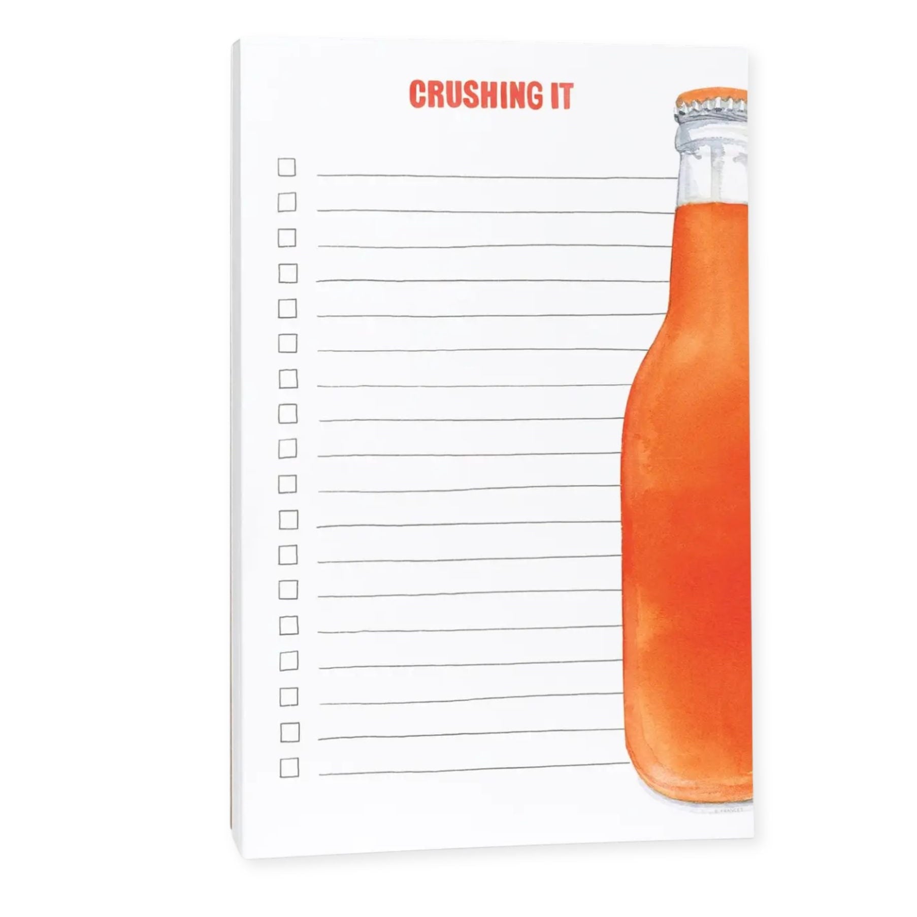 Notepad with a bottle design and 'Crushing It' text on a white background