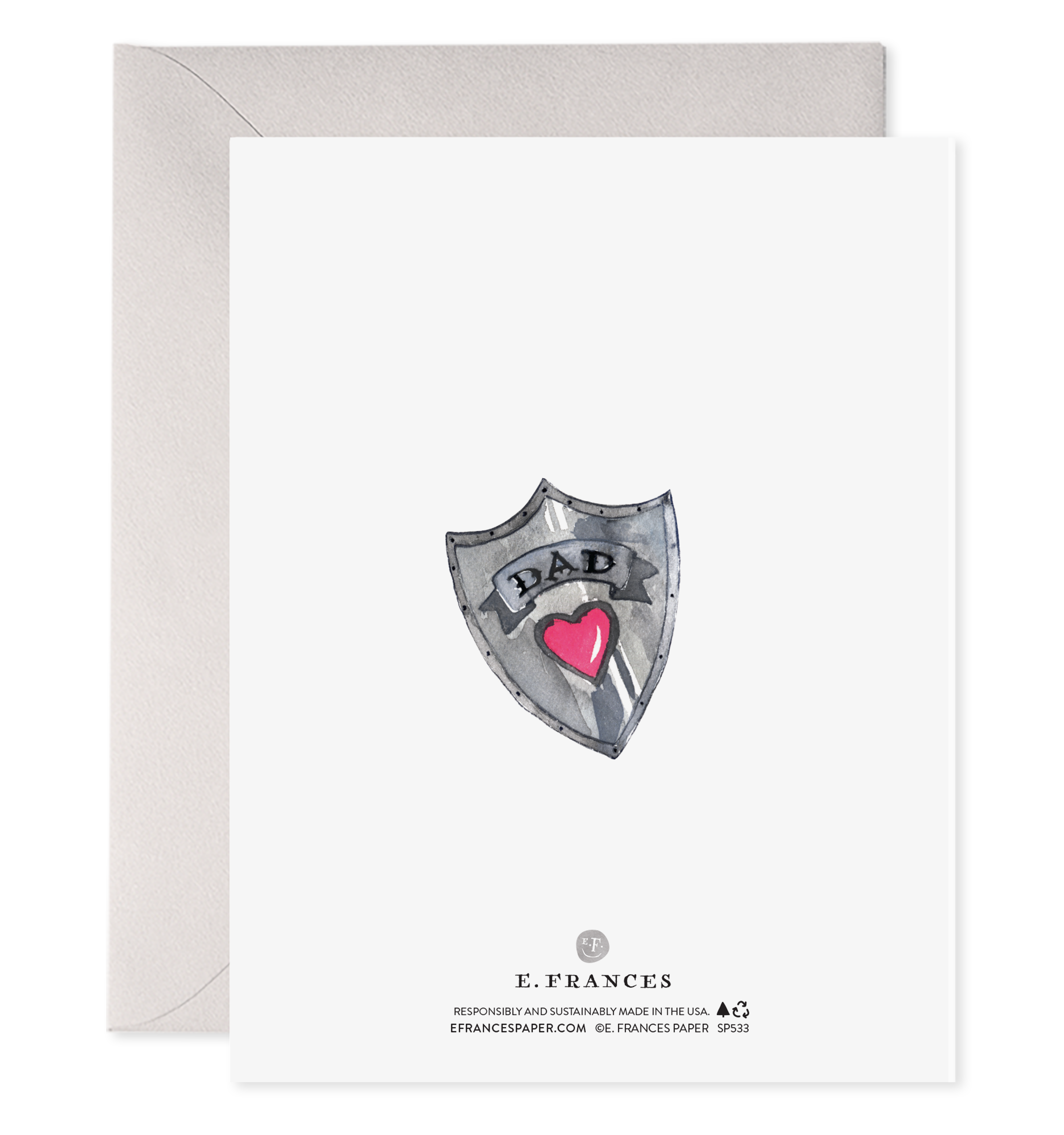 Card with a shield design featuring 'DAD' and a heart, on a white background with a gray border.