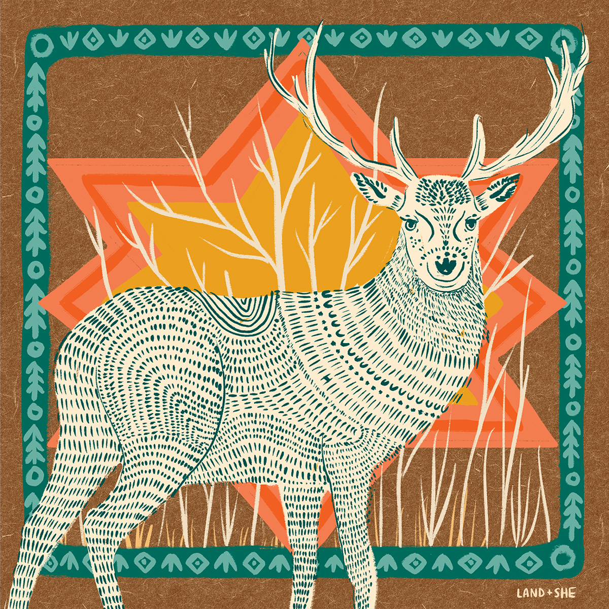 Digitally hand-drawn illustration of a deer with a geometric pattern in the background, signed and stamped on back.