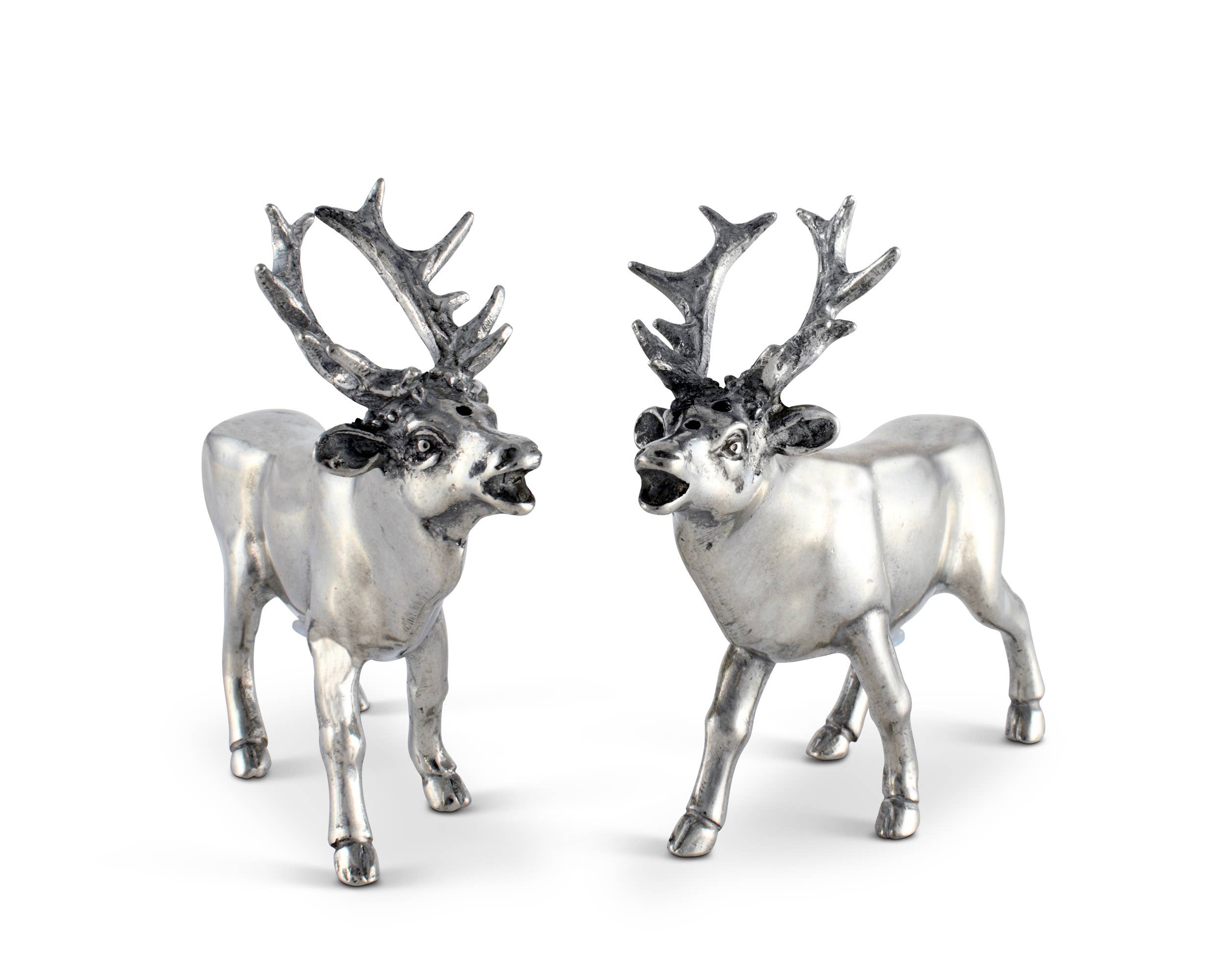 Two silver deer figurines with large antlers on a white background