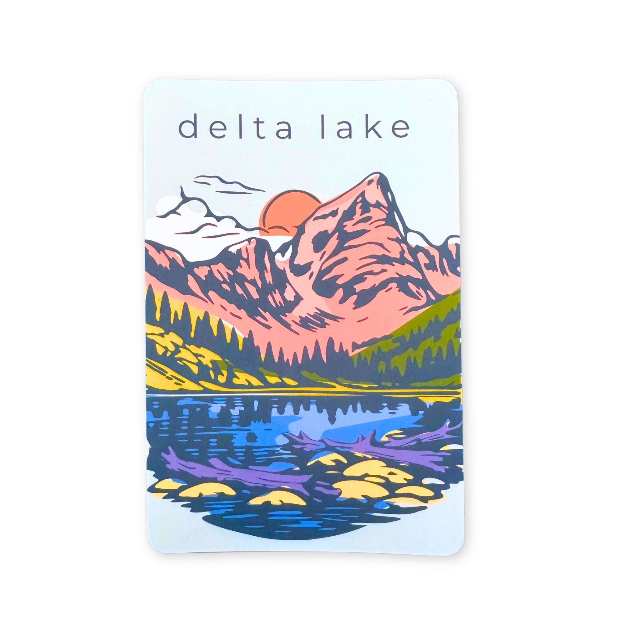 Postcard with a mountain and lake illustration and 'delta lake' text on a white background