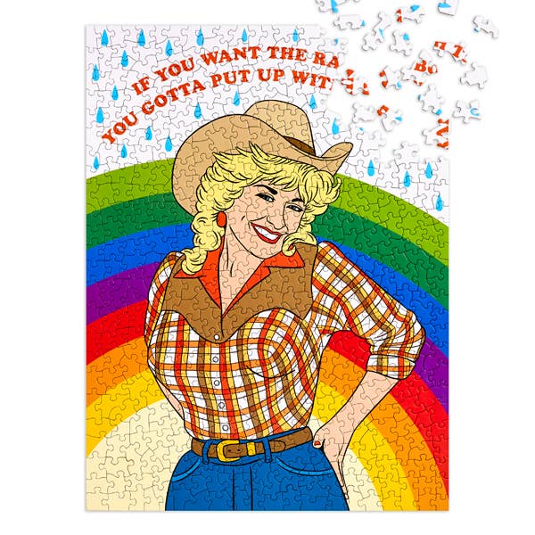 Jigsaw puzzle with a colorful design featuring a woman in a cowboy hat and plaid shirt on a rainbow background.