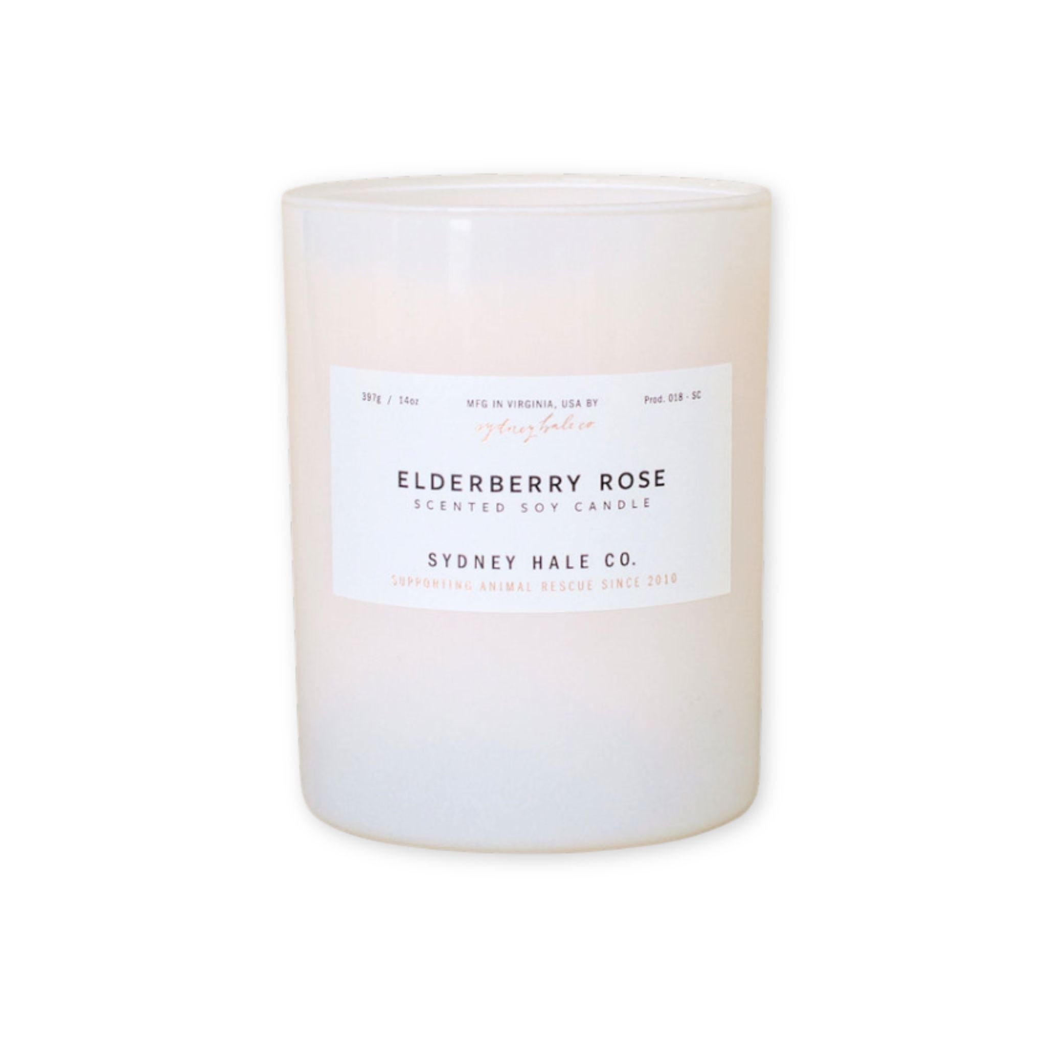 Candle with 'Elderberry Rose' label on a white background