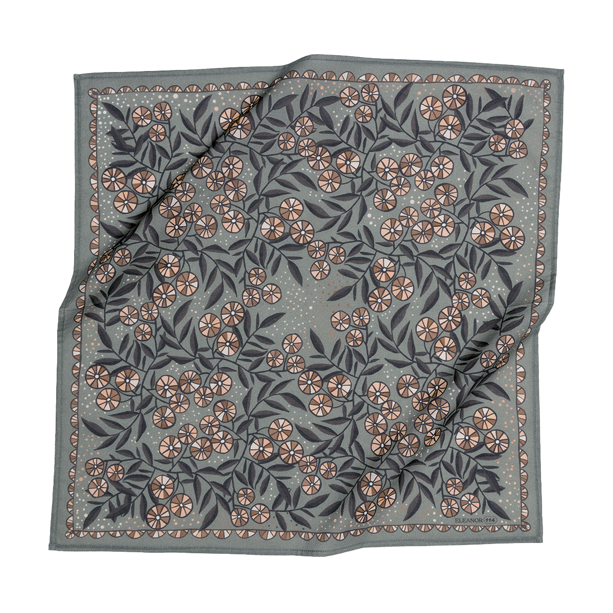 A bandana with a floral pattern in warm and cool shades of gray and cream accents on a charcoal gray background.