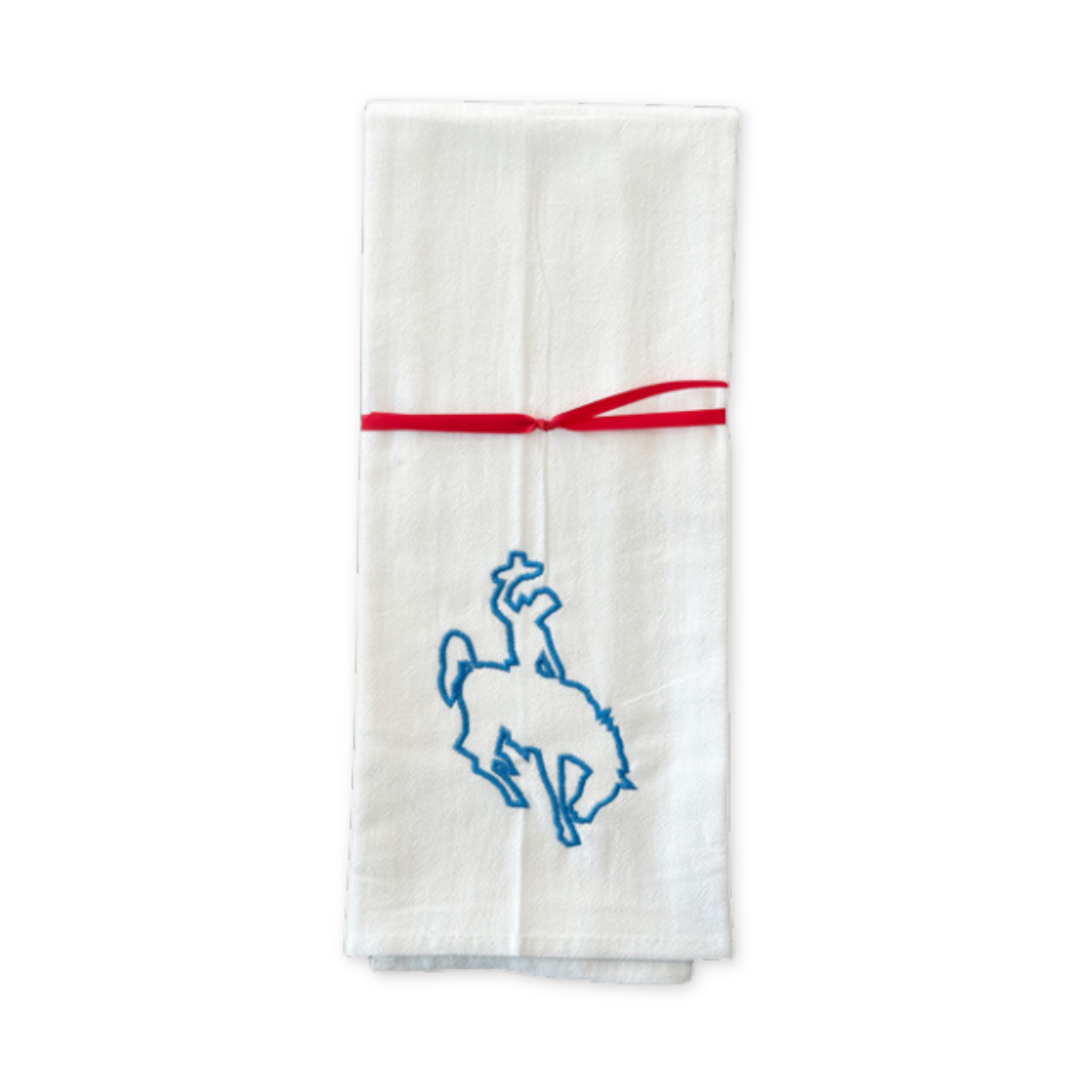 flour sack cotton tea towel featuring an embroidered wyoming bucking bronco design