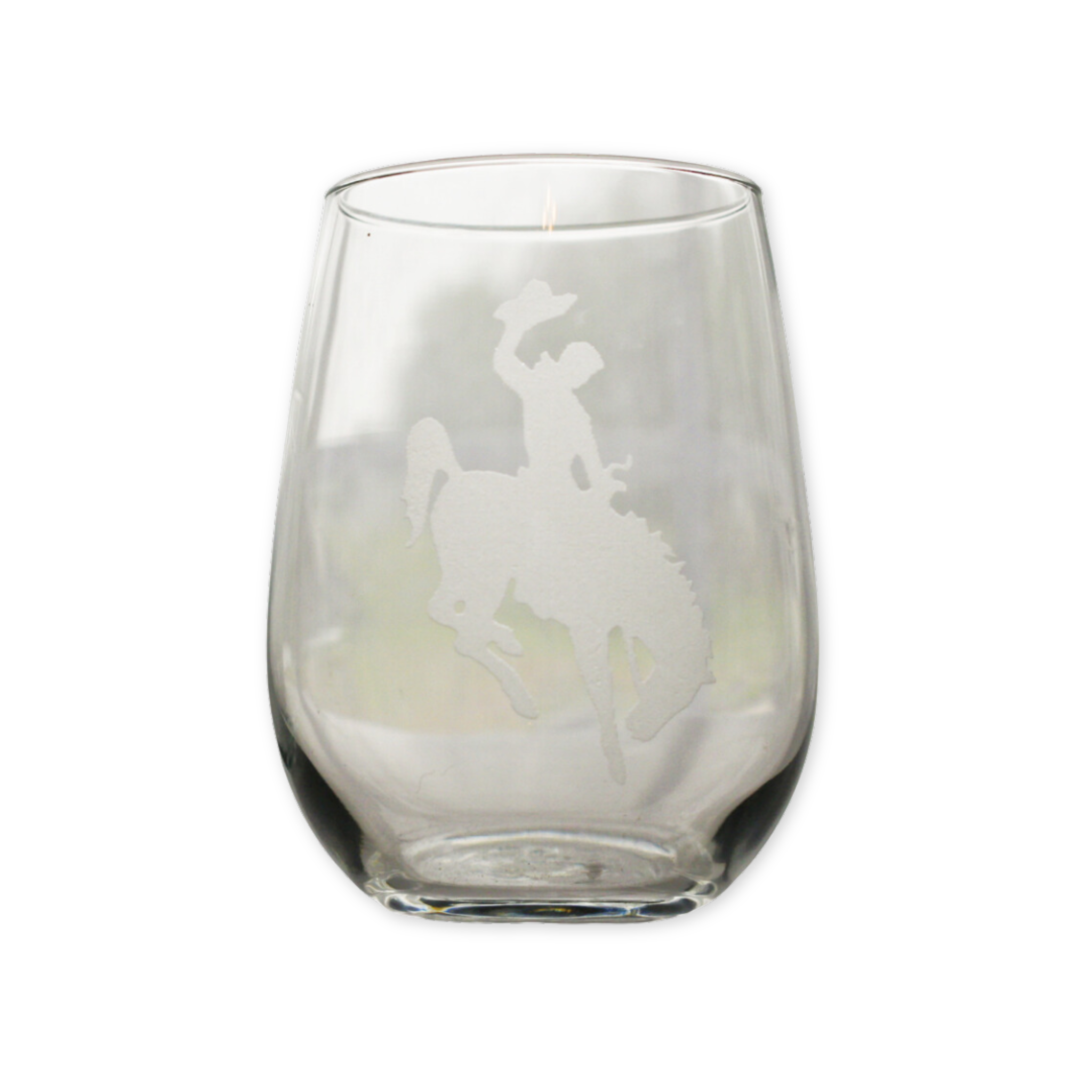 wine glass with an etched wyoming bronco