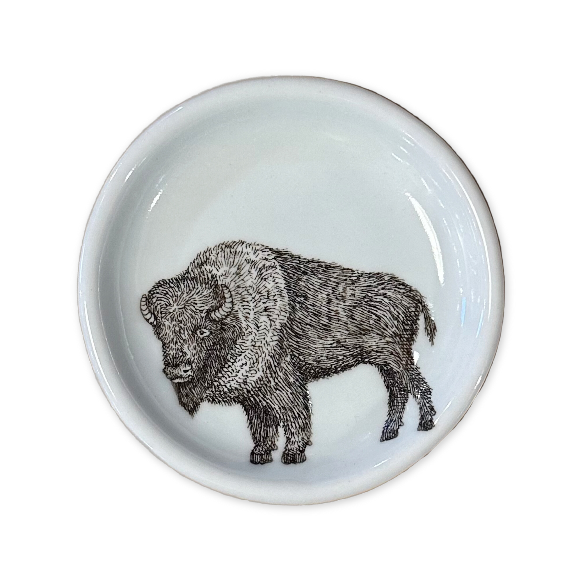 small ceramic jewelry dish with hand drawn bison graphic