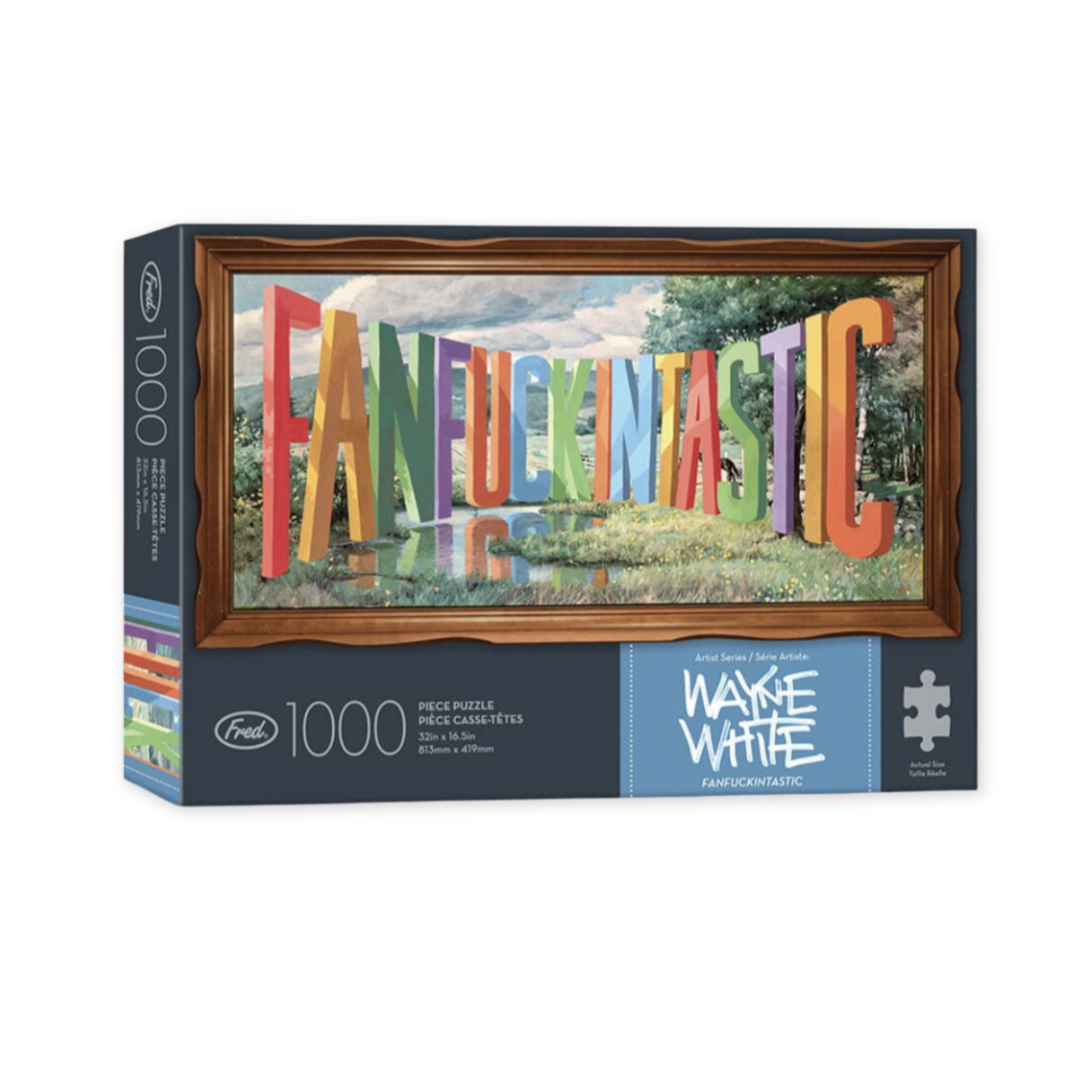 one thousand piece puzzle featuring the word fanfuckintastic displayed on a scenic background