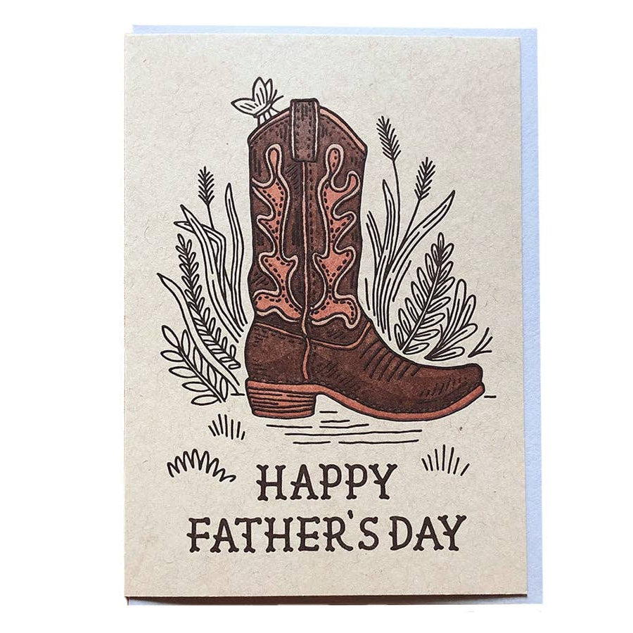 Father's Day card with a cowboy boot and 'Happy Father's Day' text on a beige background.