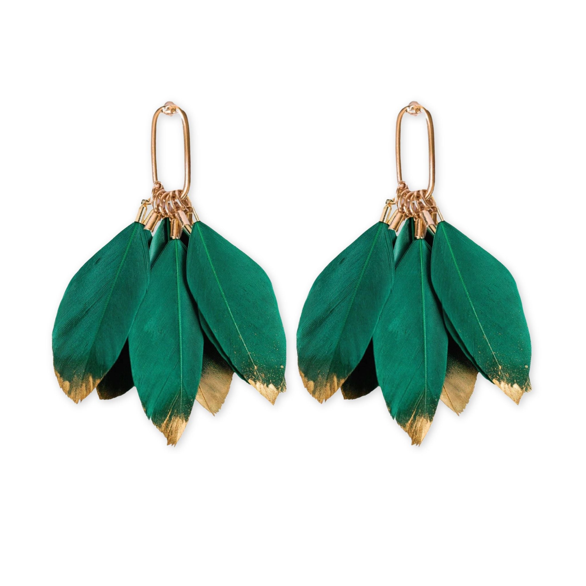 Green feather earrings with gold tips on a white background