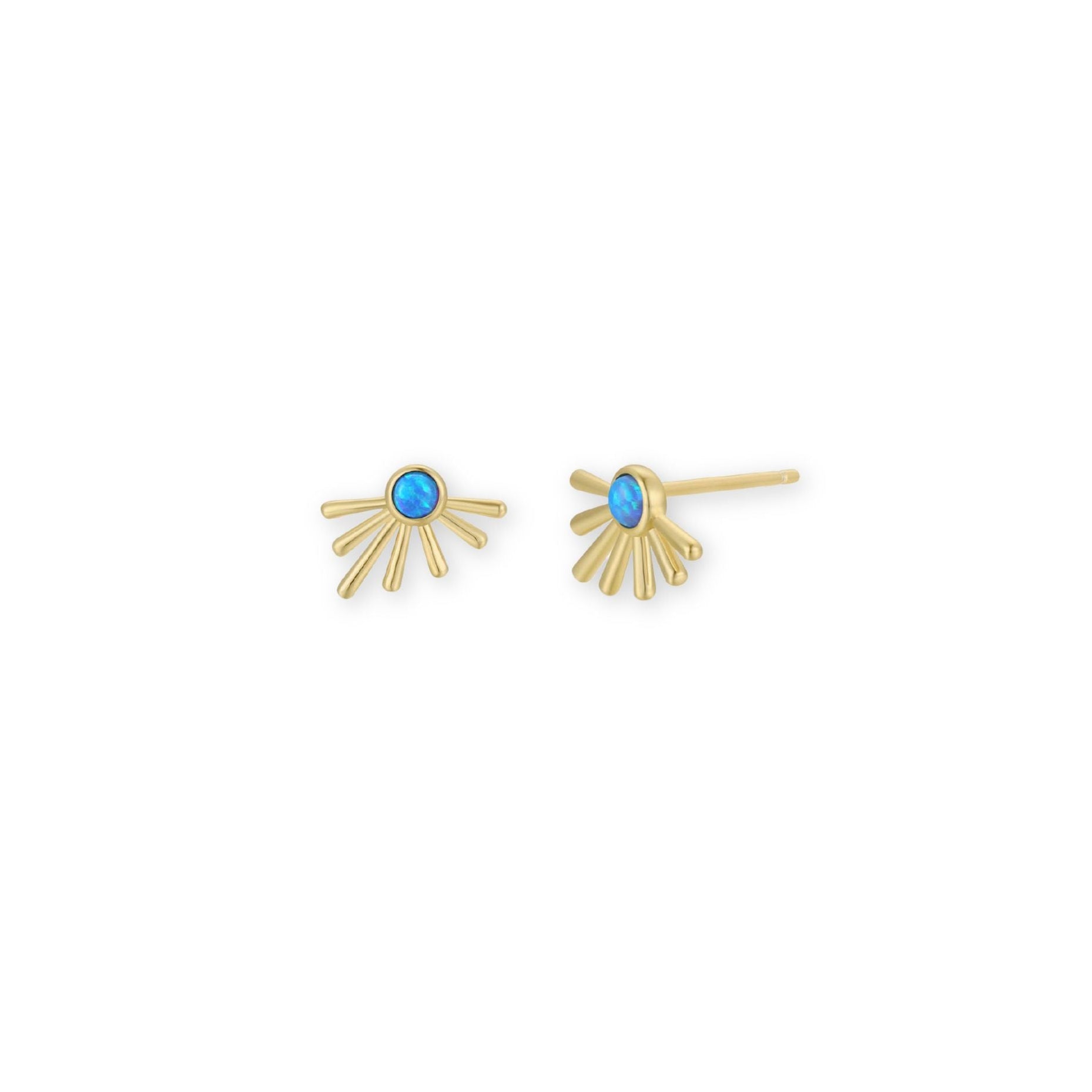 Gold sunray earrings displayed with a fire opal gemstone. 