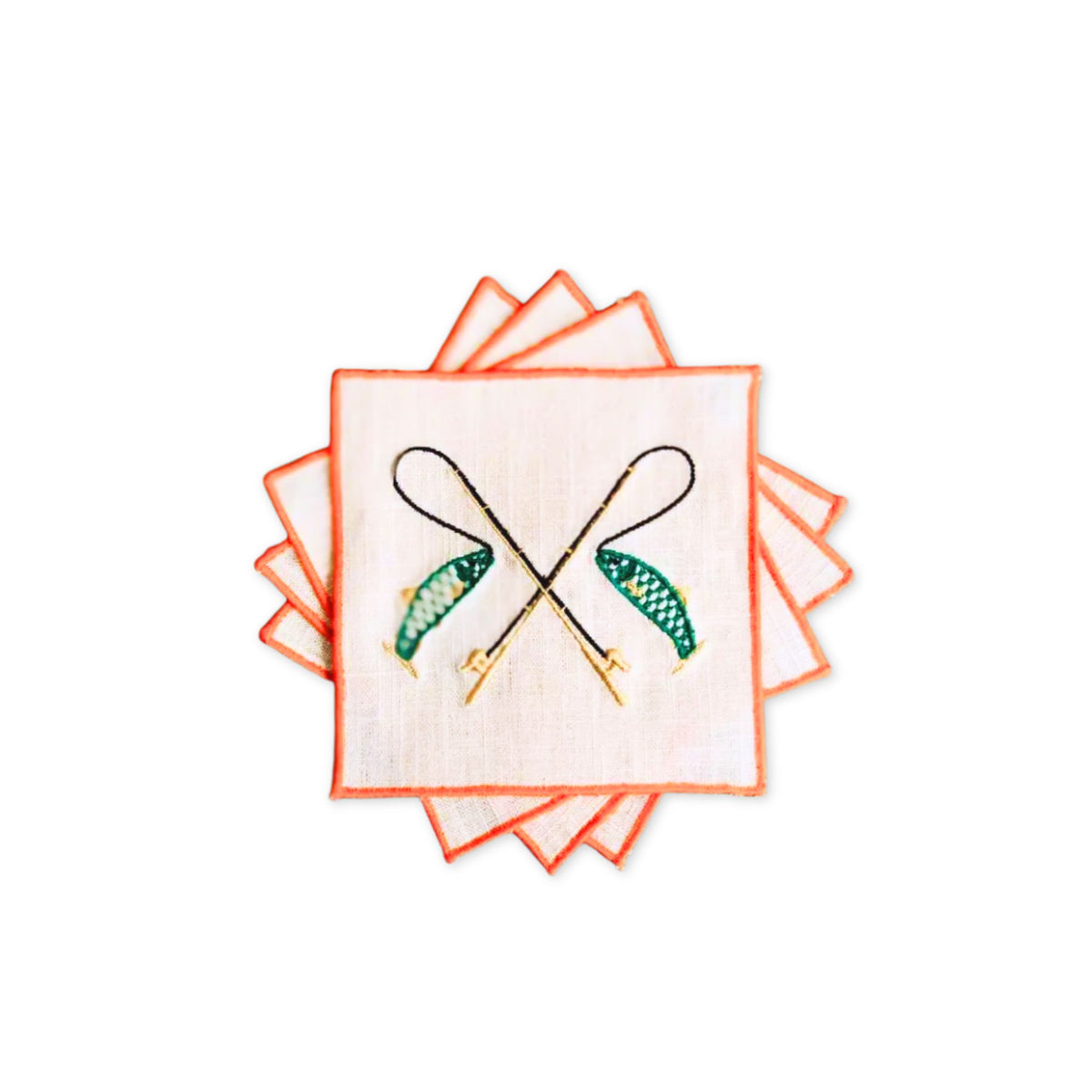 Fishing Embroidered Linen Cocktail Napkins - Set of 4 napkins