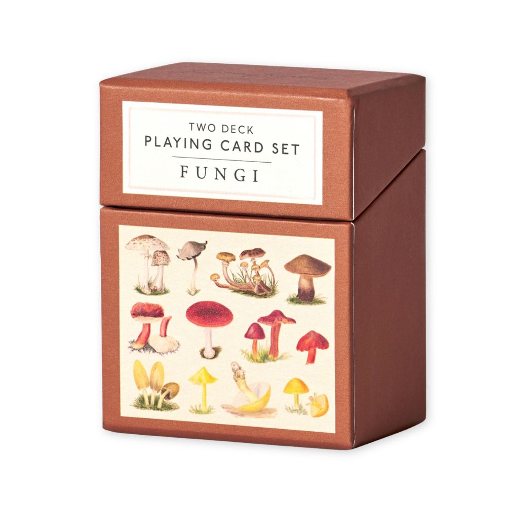 Two deck playing card set with mushroom illustrations on a white background