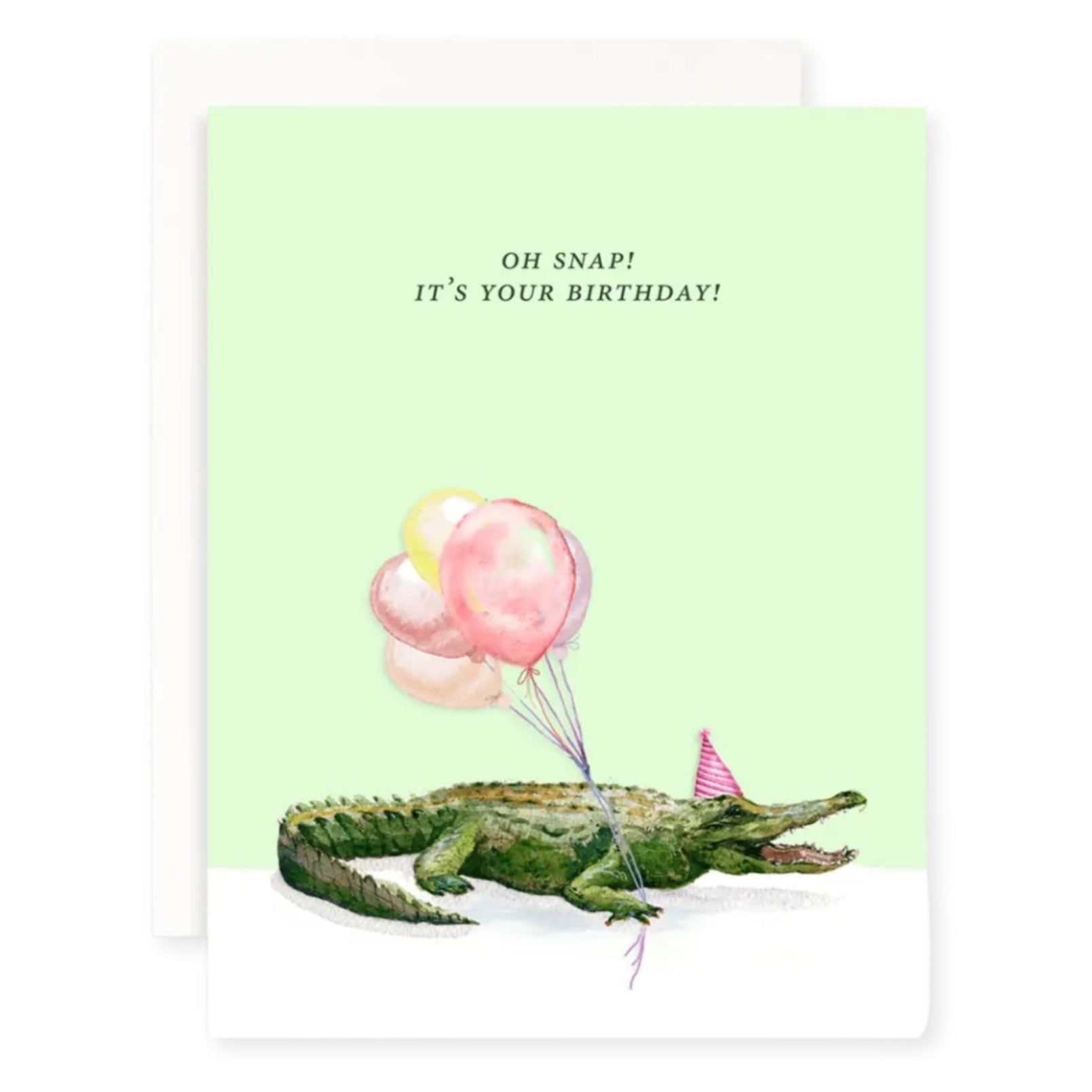 Birthday card with a crocodile holding balloons and the text 'Oh snap! It's your birthday!' on a light green background.