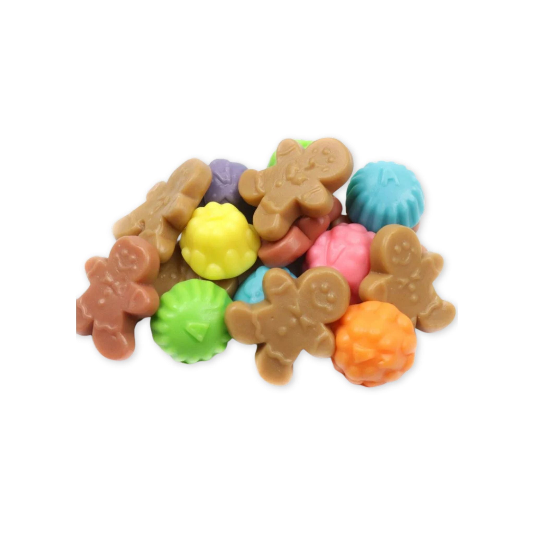 Unboxed gingerbread men and gum drop shapped gummies