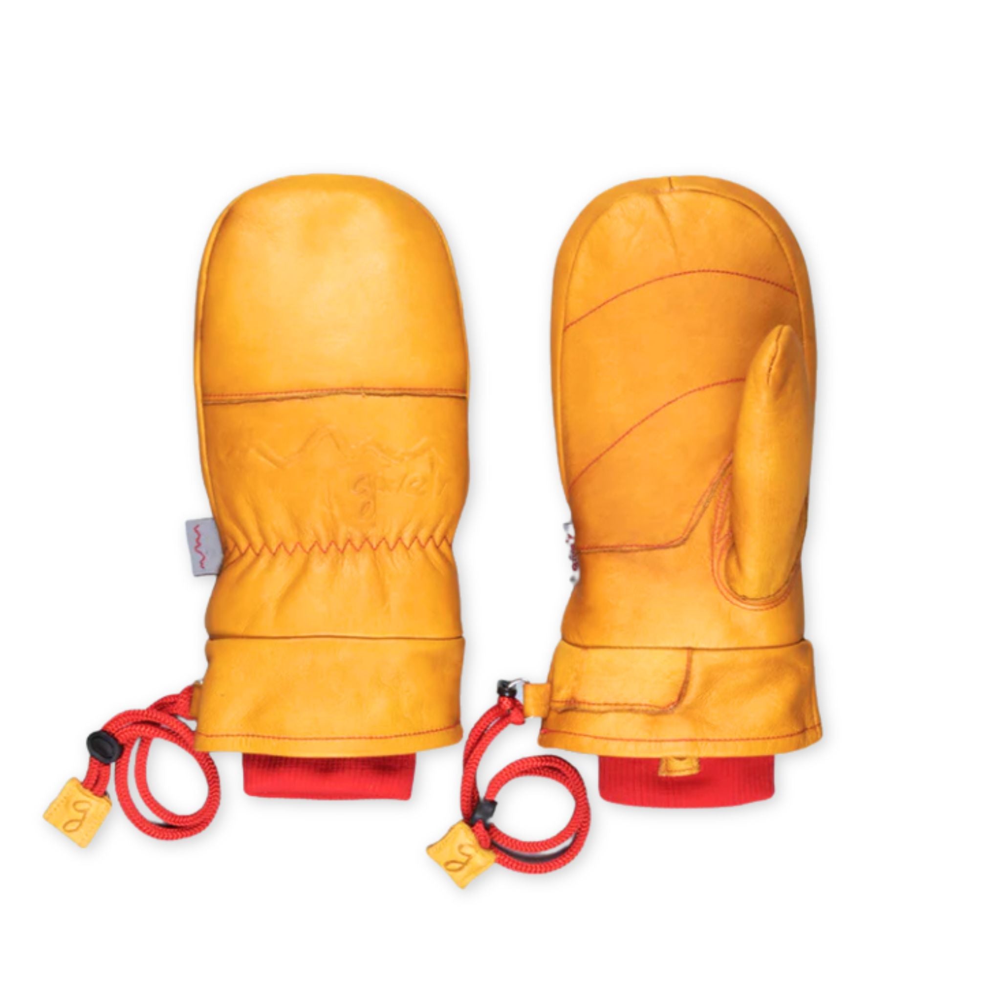 Pair of yellow mittens with red cuffs and strings on a white background