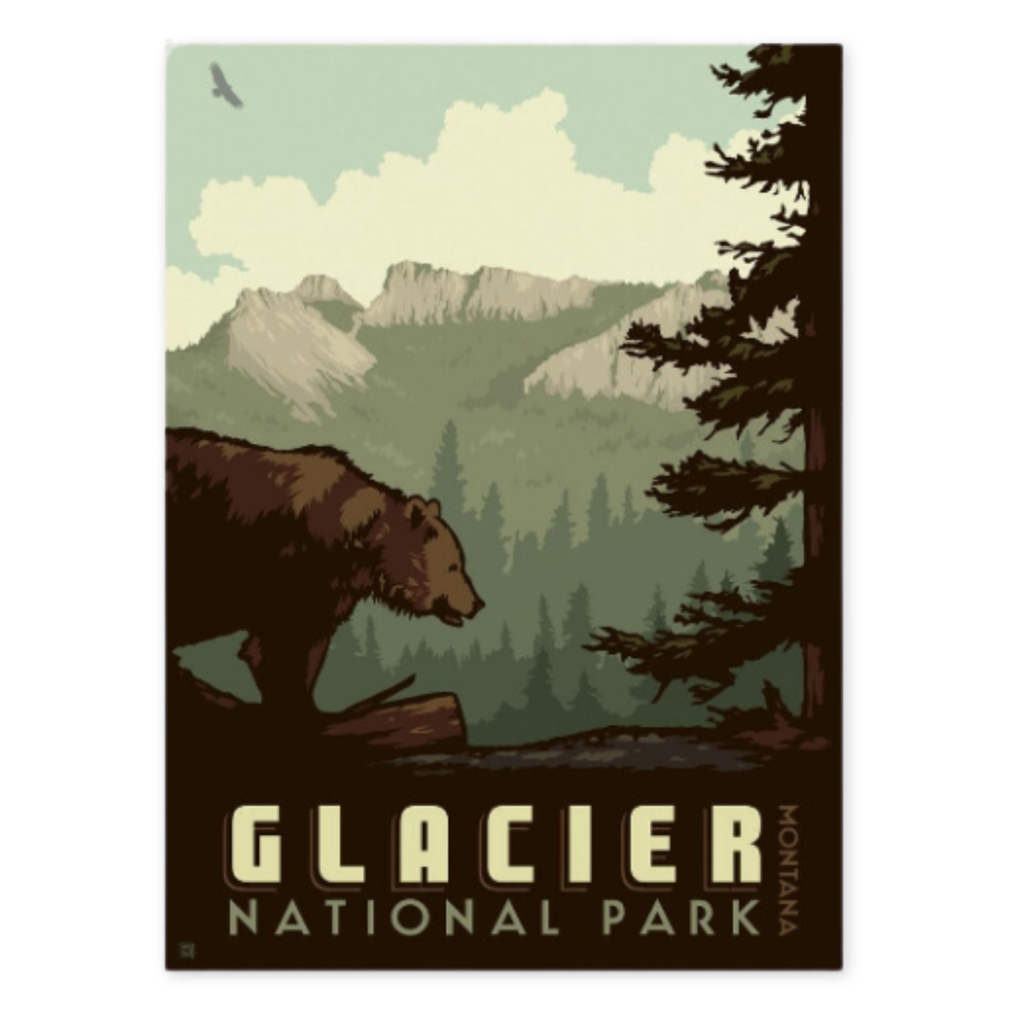 print of glacier national park with an image of a mountain range and a grizzly bear
