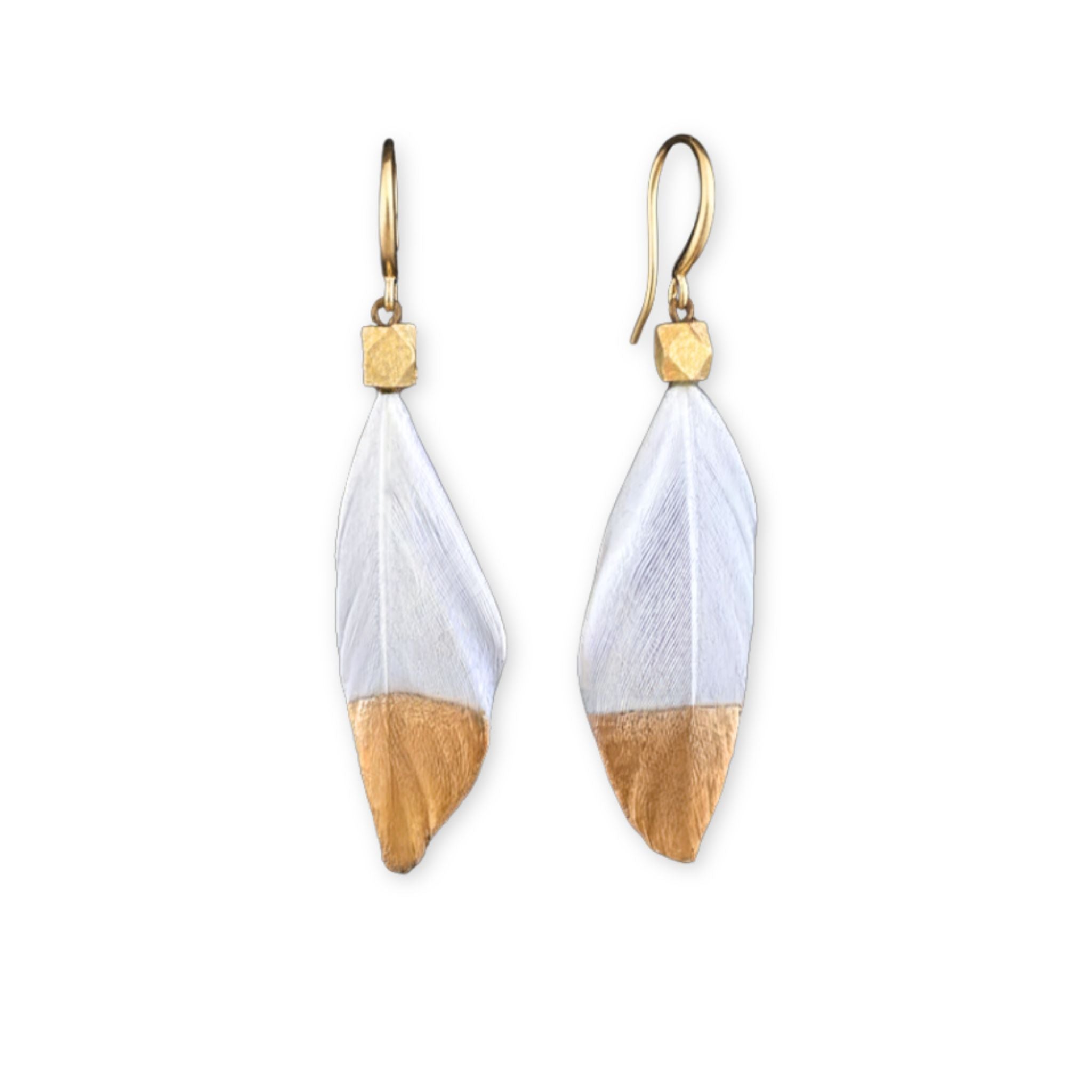 Pair of White feather Gold Dipped dangle earrings. 