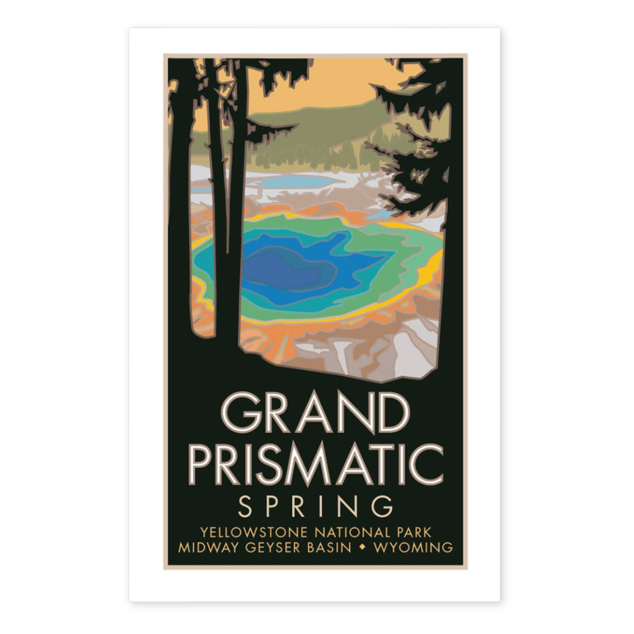 poster with an image of a hot spring and grand prismatic spring yellowstone national park midway geyser basin wyoming printed on the bottom