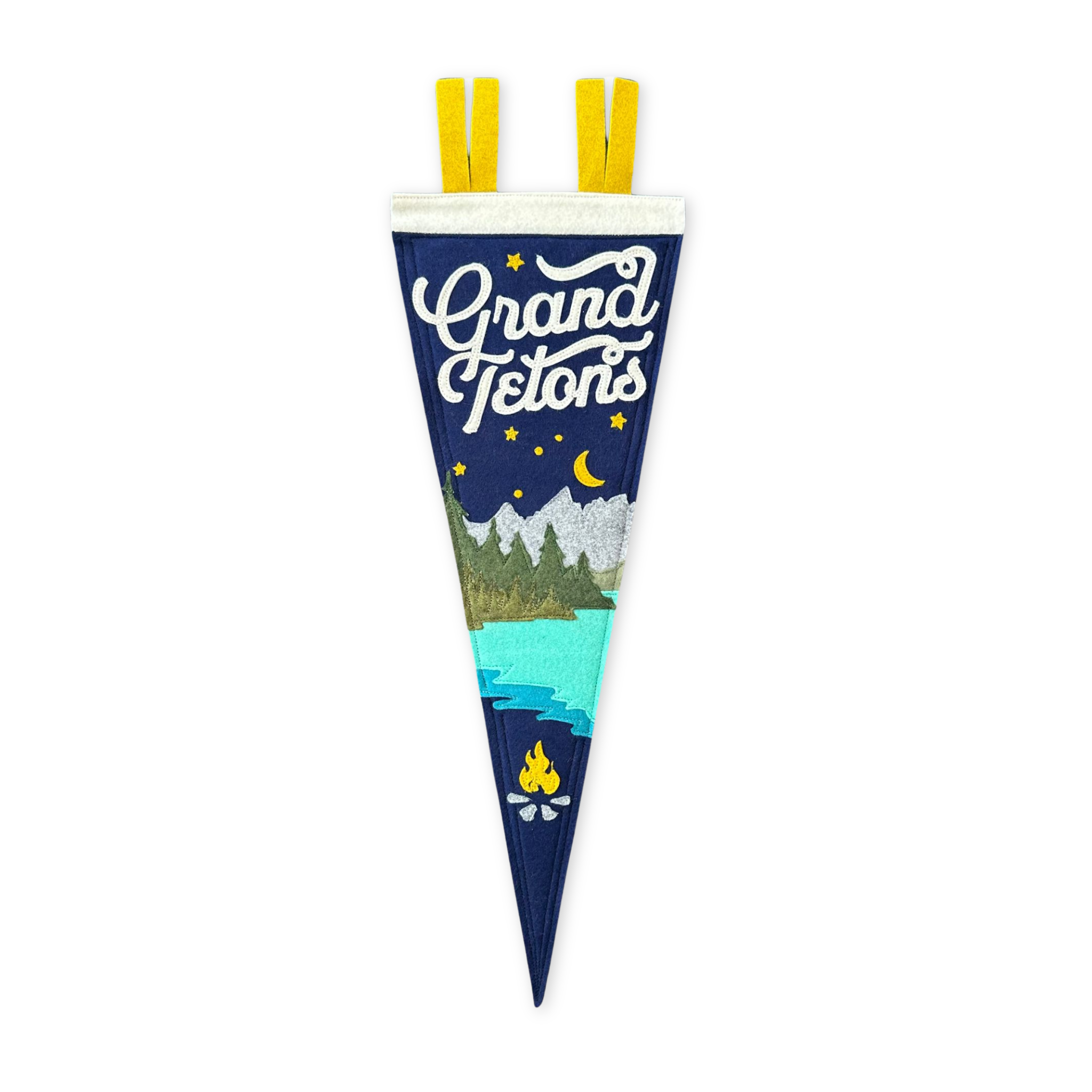 stitched felt pennant featuring a campfire with the snake river and teton mountain range and night sky