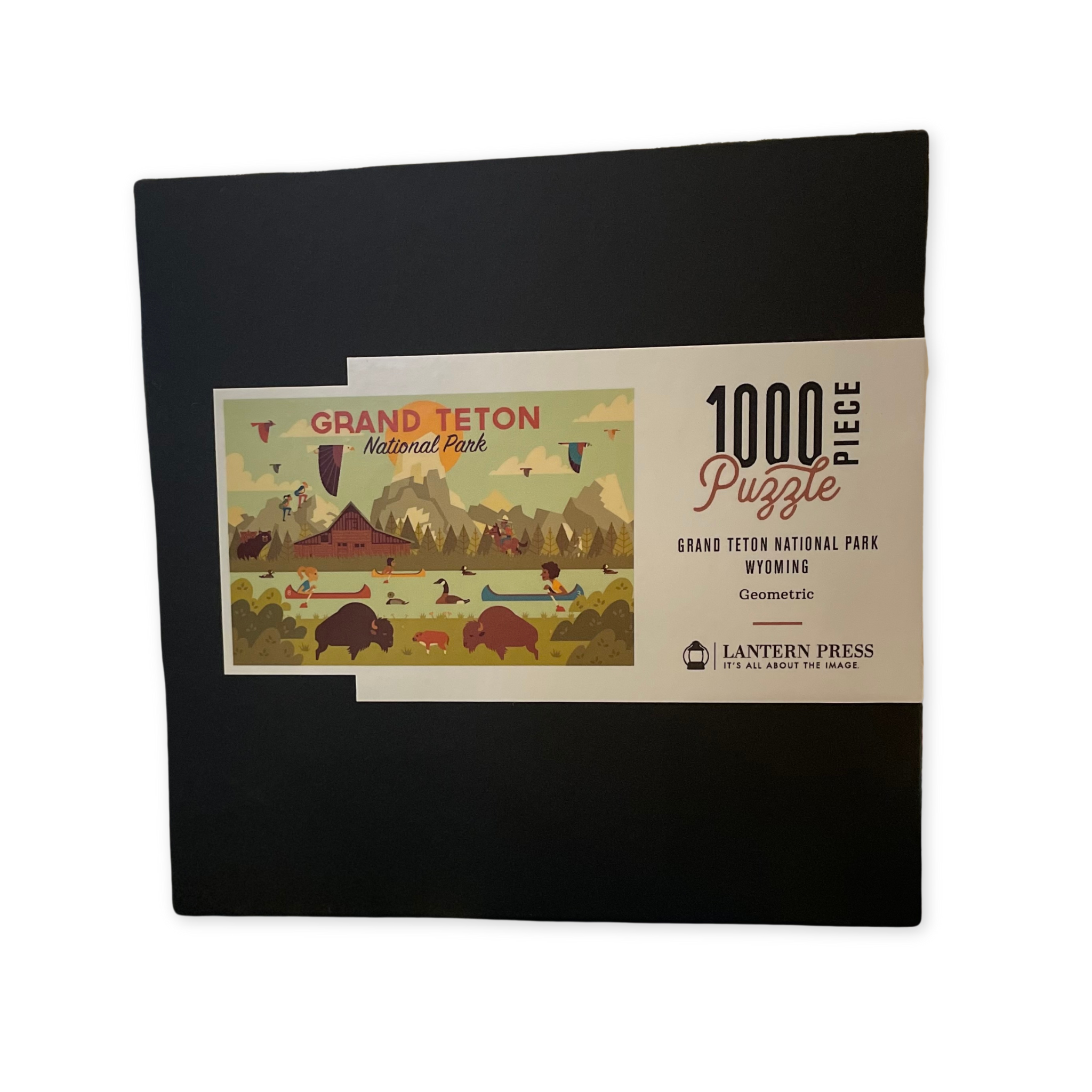 one thousand piece puzzle featuring a geometric inspired illustration of grand teton national park