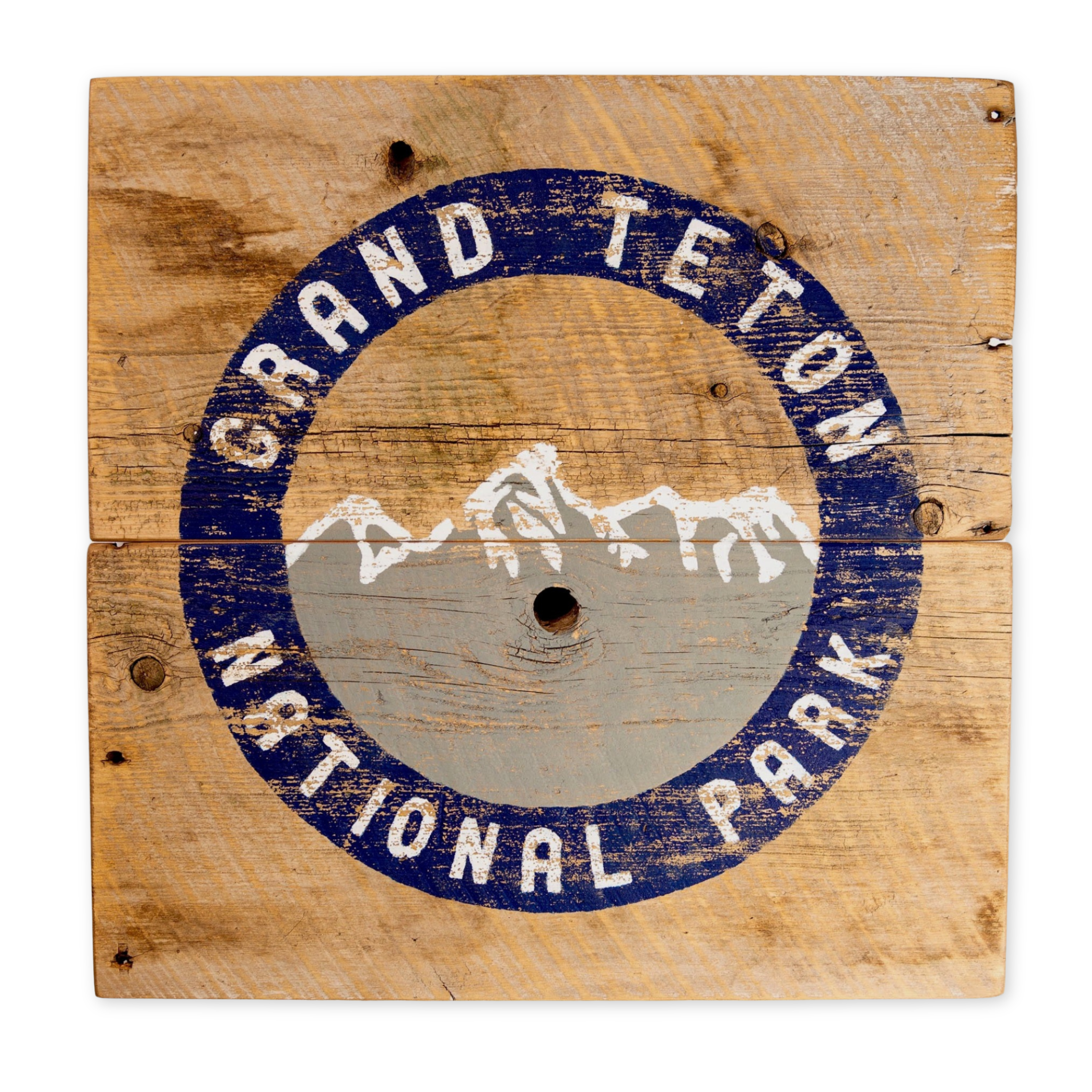 rustic inspired wood sign with an image of the teton mountain range and the words grand teton national park
