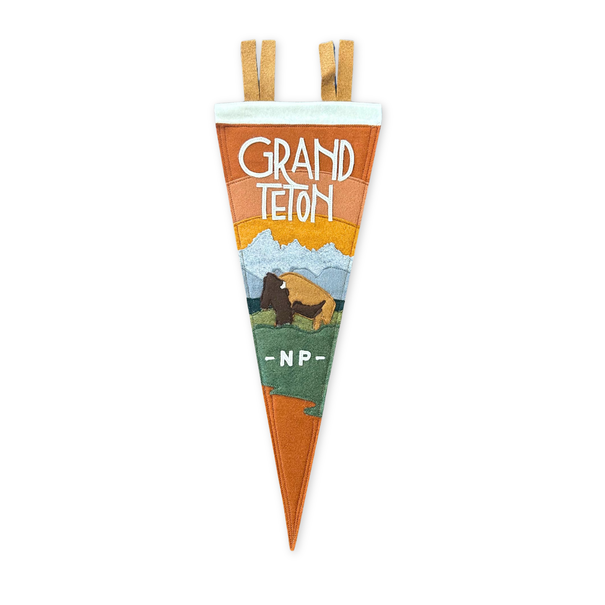 stitched felt pennant featuring the teton mountain range and a bison