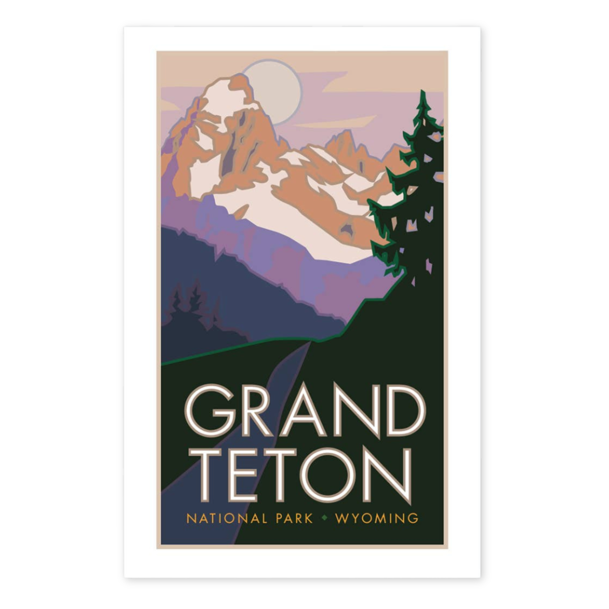 poster with an image of the grand teton and a full moon with grand teton national park wyoming printed on the bottom