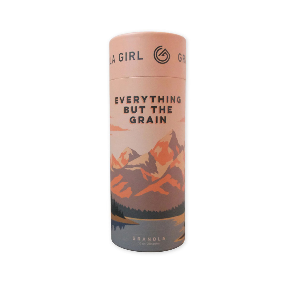 A tall cylindrical container of granola with a peach-colored label featuring an illustrated mountain landscape and the text 'EVERYTHING BUT THE GRAIN' and 'GRANOLA'.
