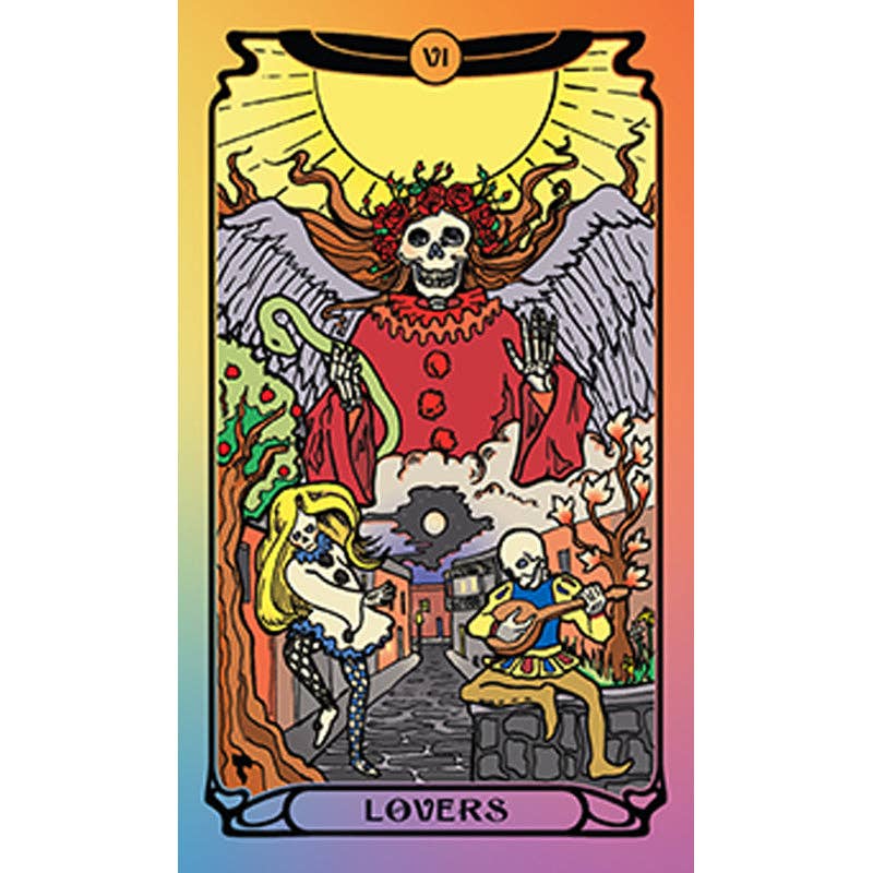 Tarot card titled 'Lovers' with a colorful gradient background