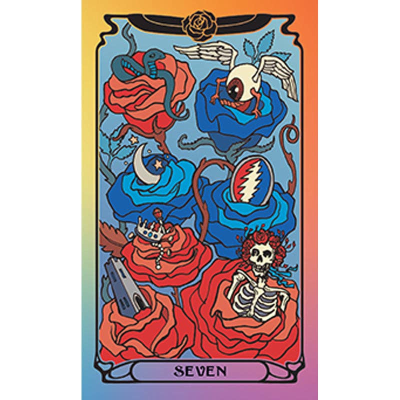 Colorful tarot card with red and blue roses, a skeleton, and other symbols on a gradient background.