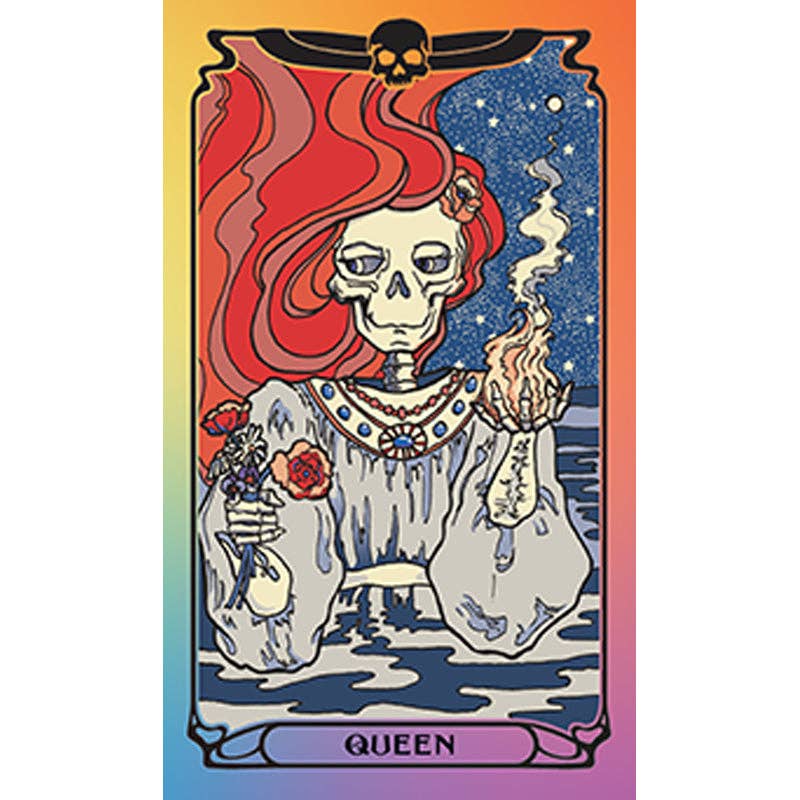 Card featuring a skeleton with red hair and flowers, labeled 'Queen', on a colorful gradient background.