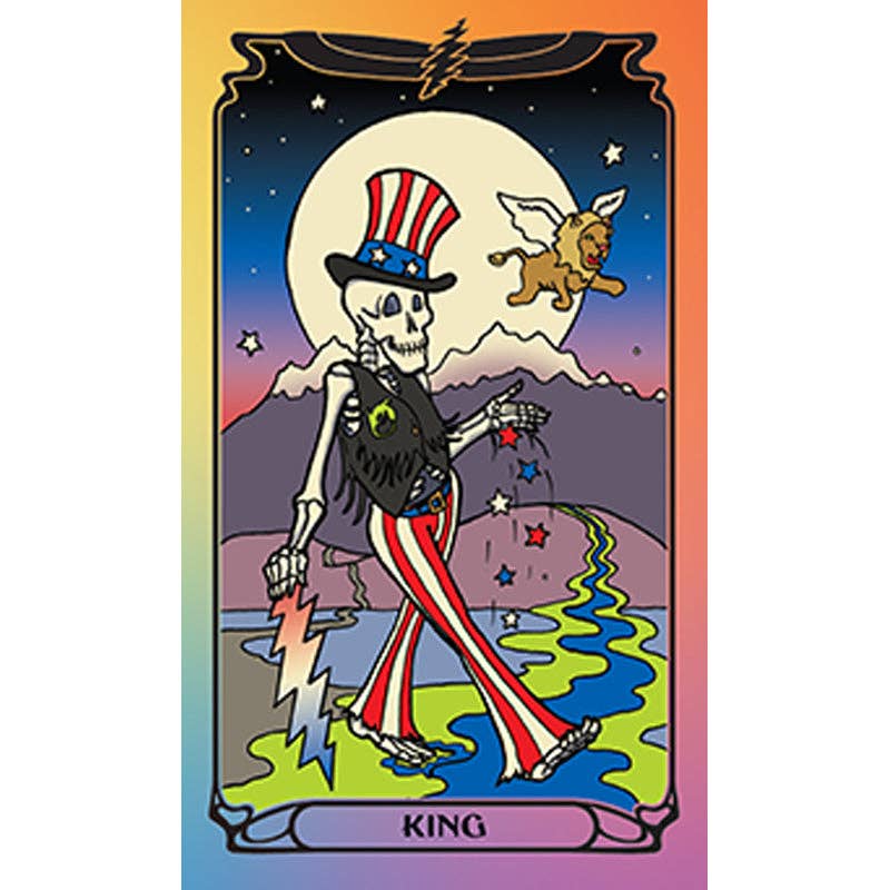 Colorful tarot card featuring a skeleton in a Uncle Sam hat with a rainbow and lion in the background.