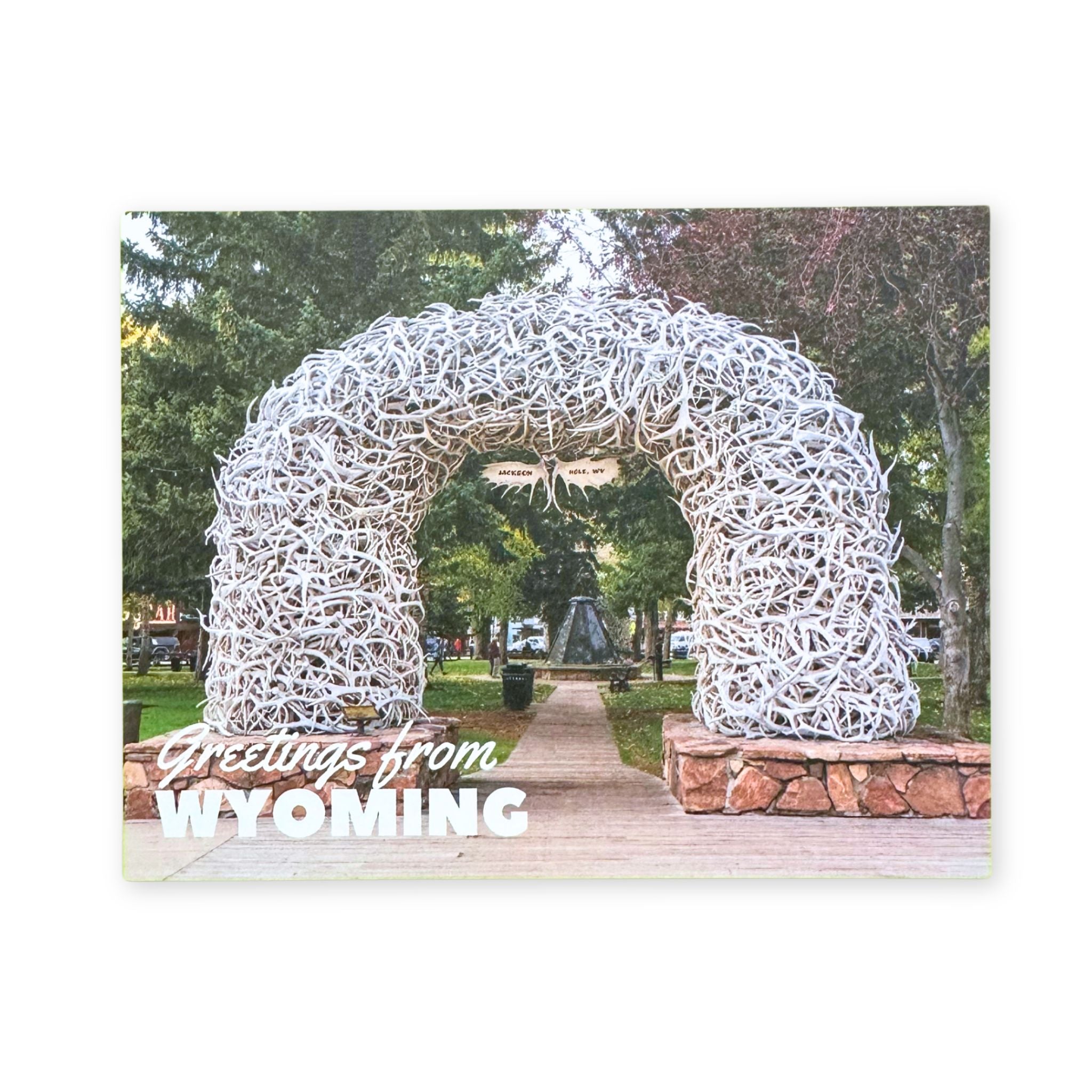 Decorative arch made of white antlers with 'Greetings from Wyoming' text on a scenic background.