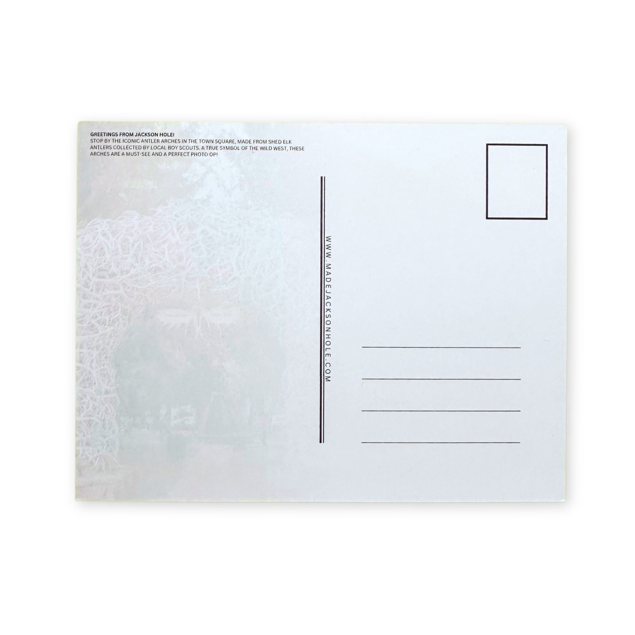 White postcard with text and a rectangular area for writing on a white background