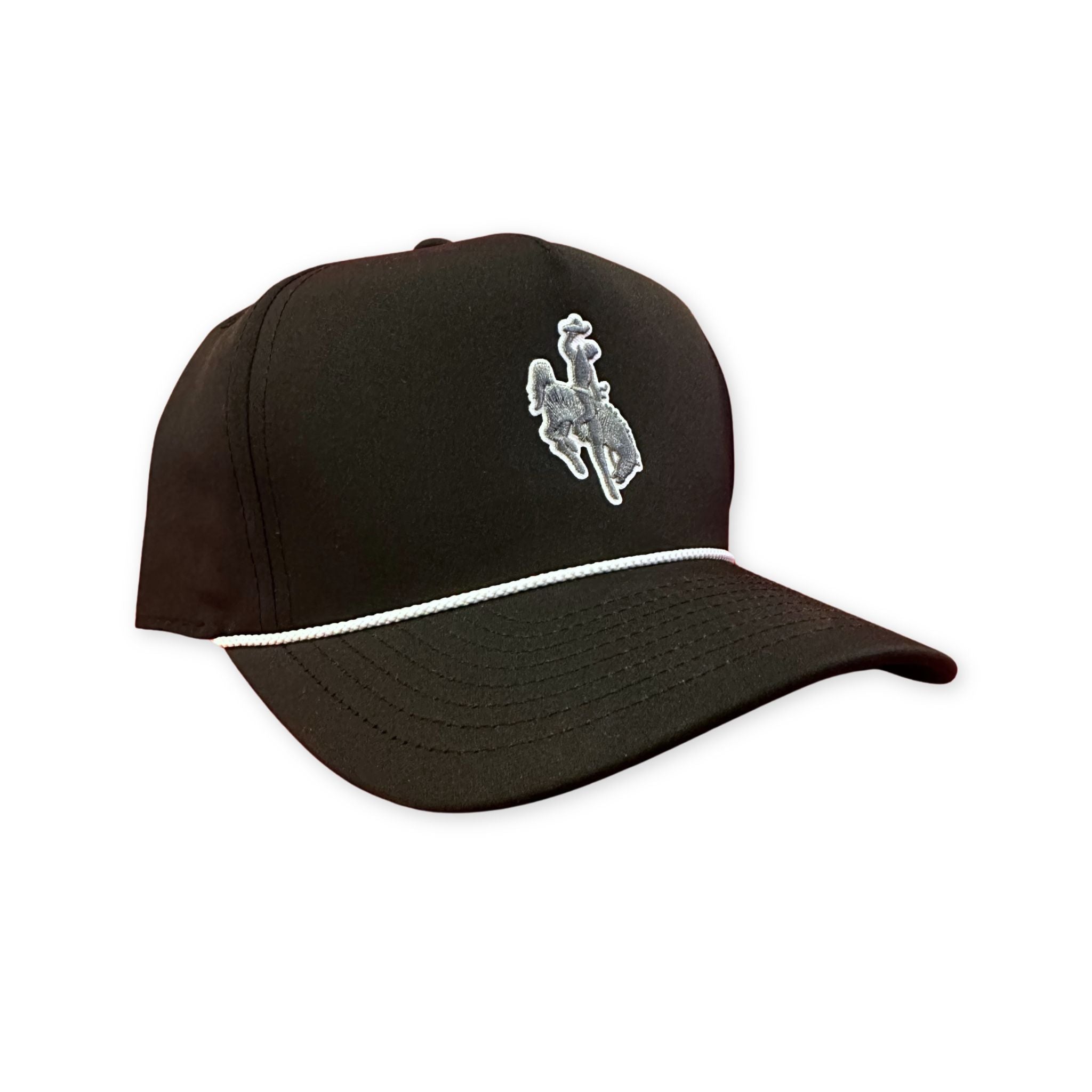 Black rope hat featuring a grey patch of the bucking bronco silhouette. 