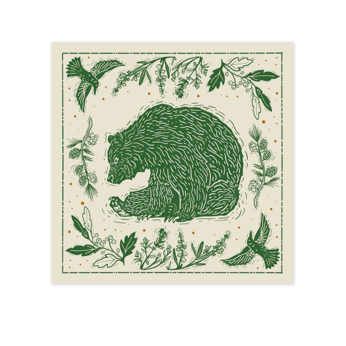 A cream-colored Bandana featuring a dark green hand-drawn style illustration of a bear, pinecones, and wildflowers.