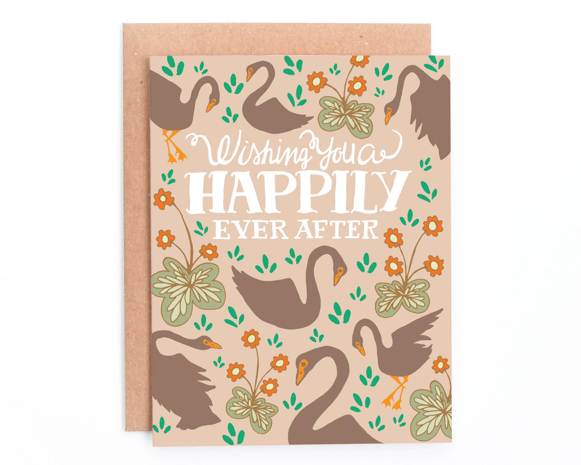 Card with swan design and text 'Wishing you a happily ever after' on a white background