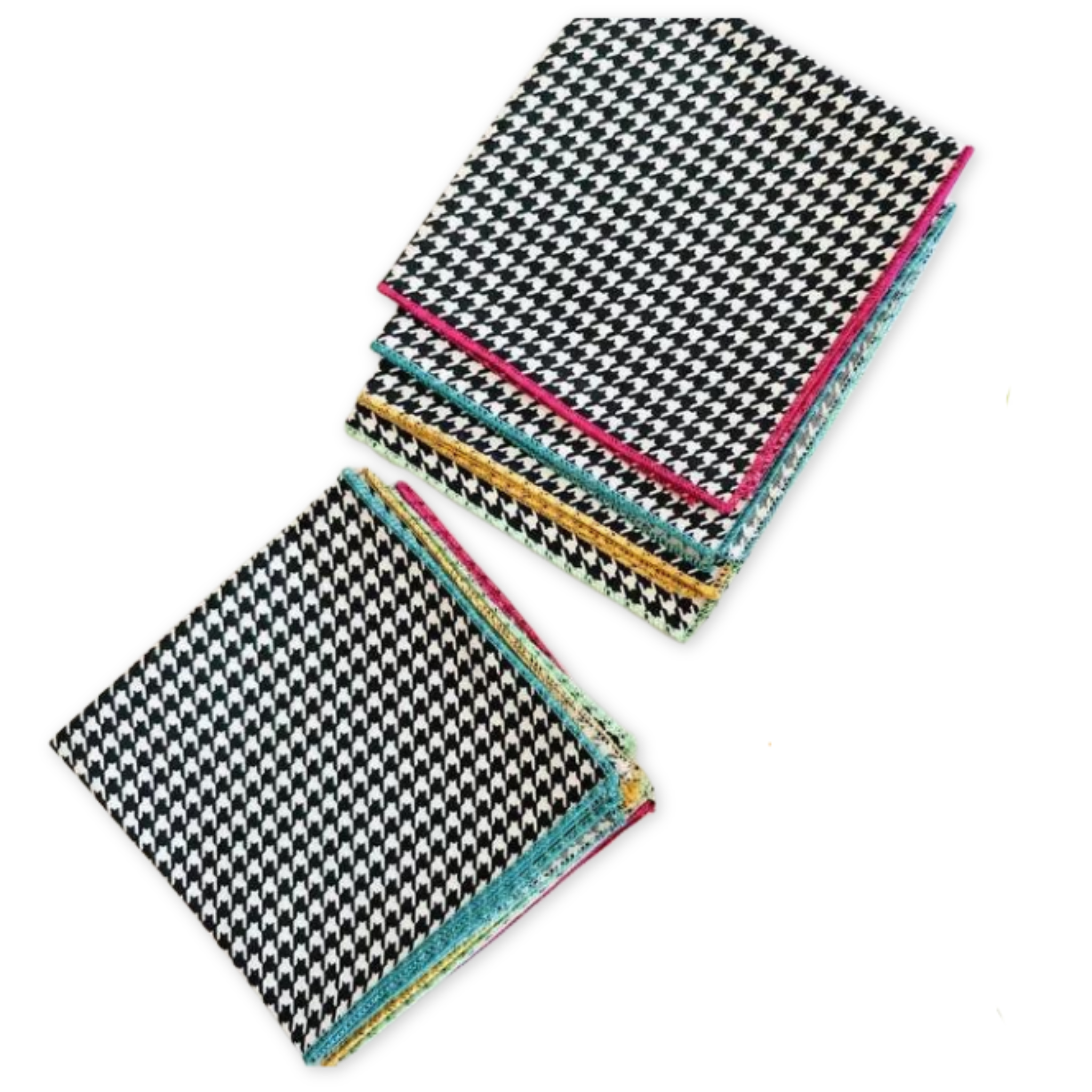 set of eight cotton cocktail napkins with a black and white houndstooth pattern and colored edges