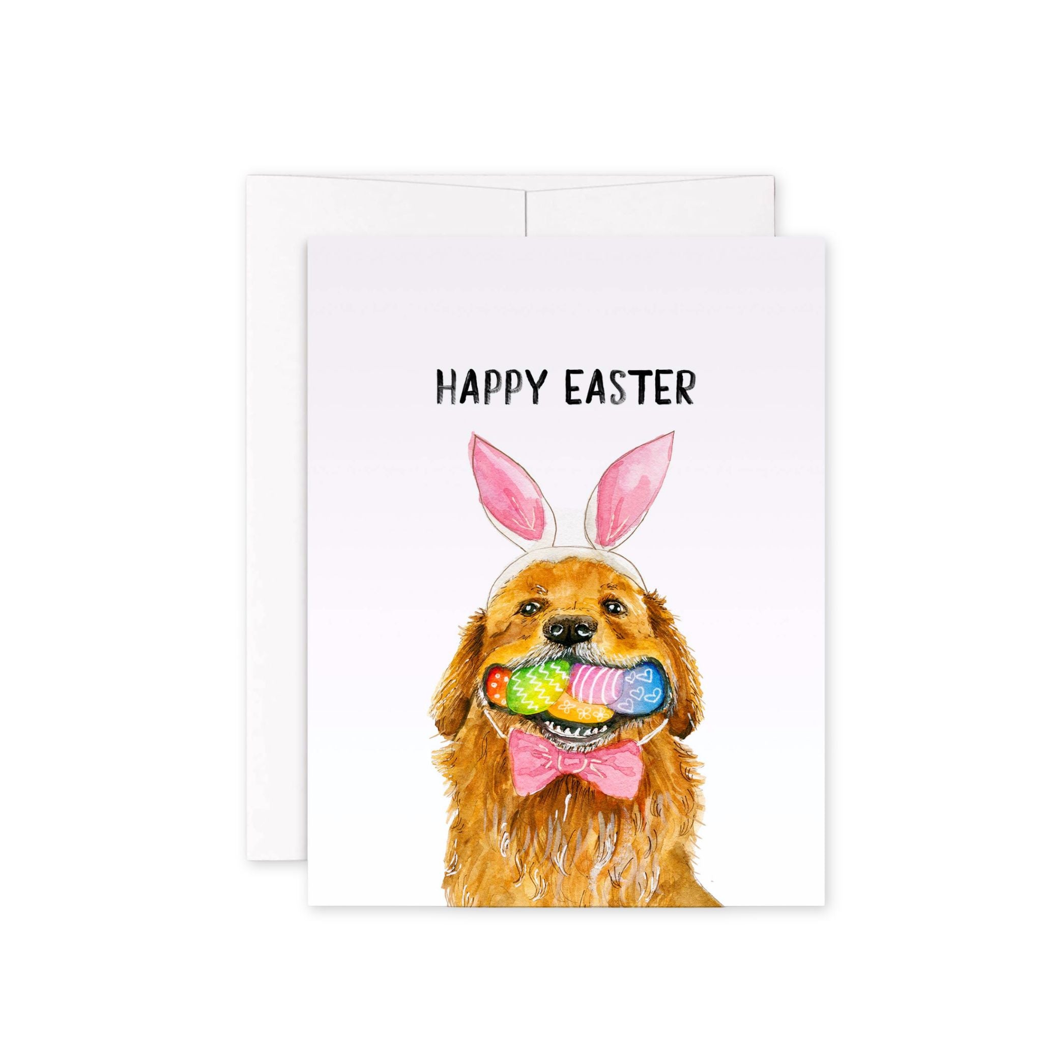 Greeting card with a dog wearing bunny ears and a bow tie, holding an Easter egg, with 'Happy Easter' text above.